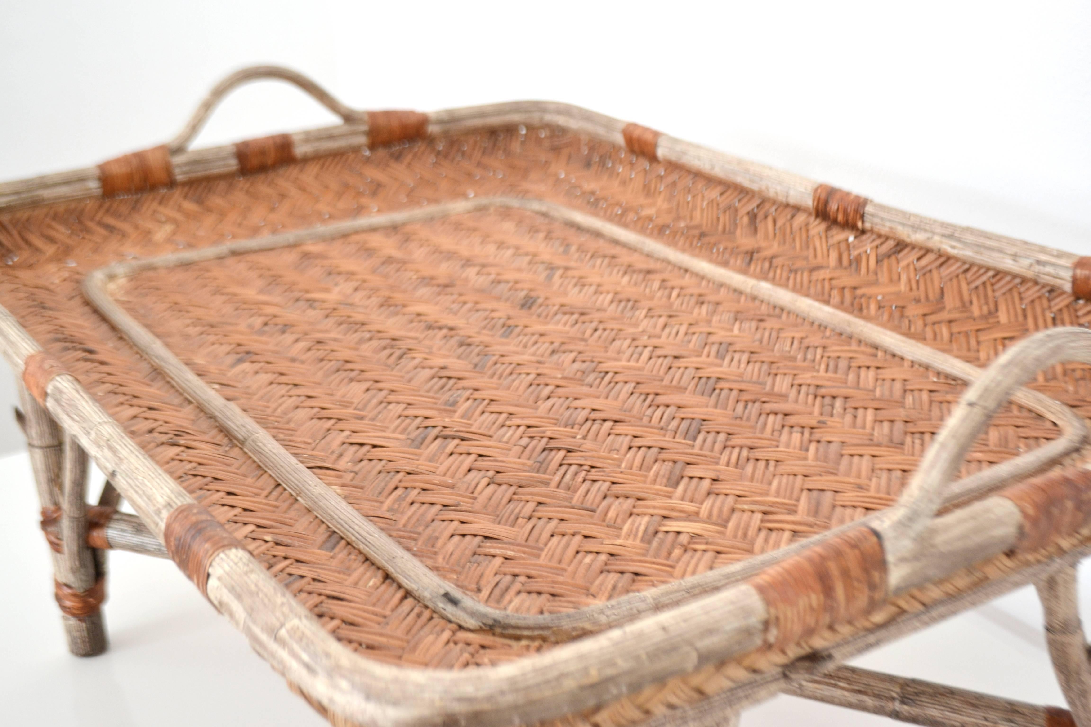Wicker Midcentury Woven Rattan Tray Top Cocktail Table For Sale