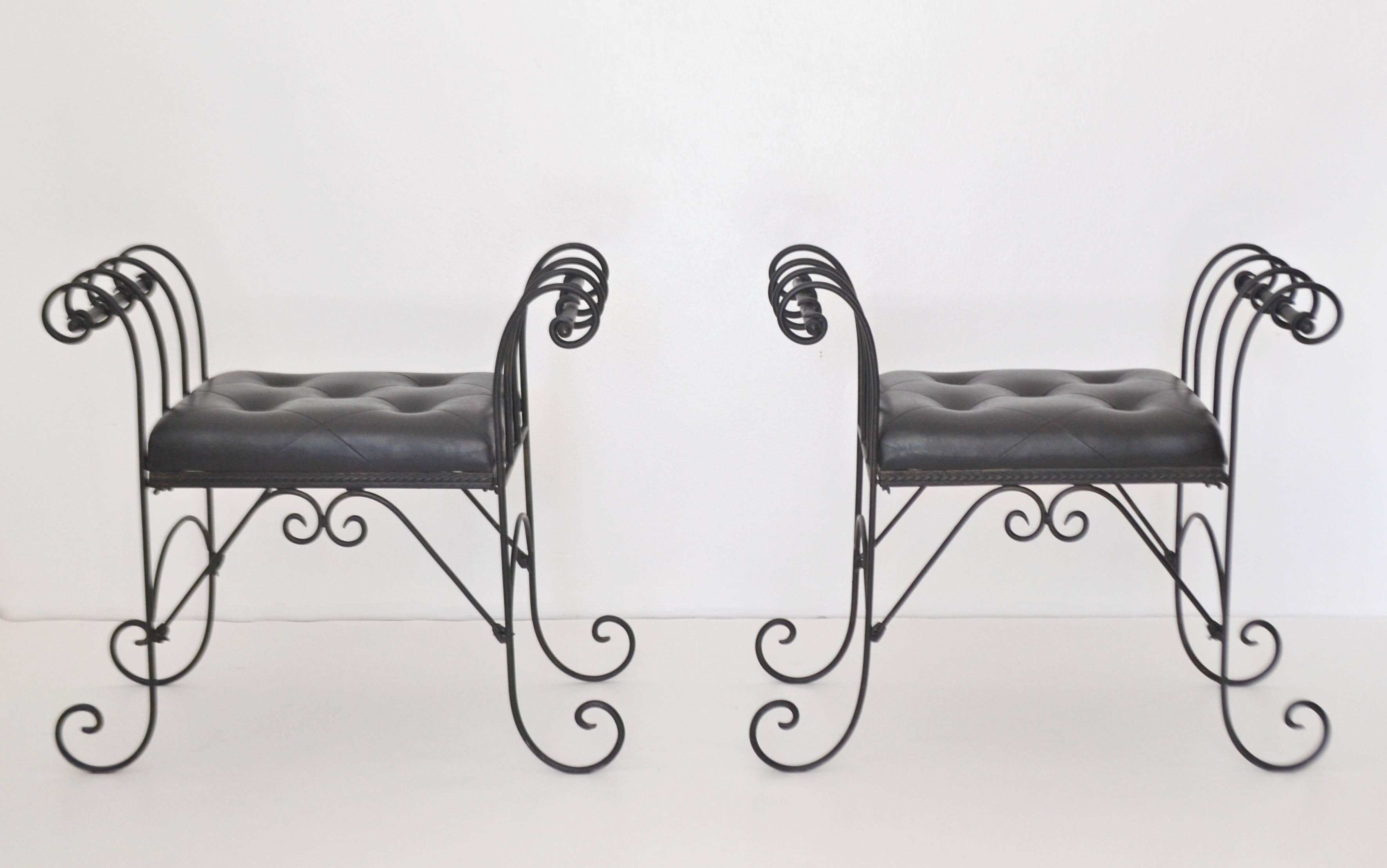 Pair of Midcentury Wrought Iron Tufted Leather Benches For Sale 2