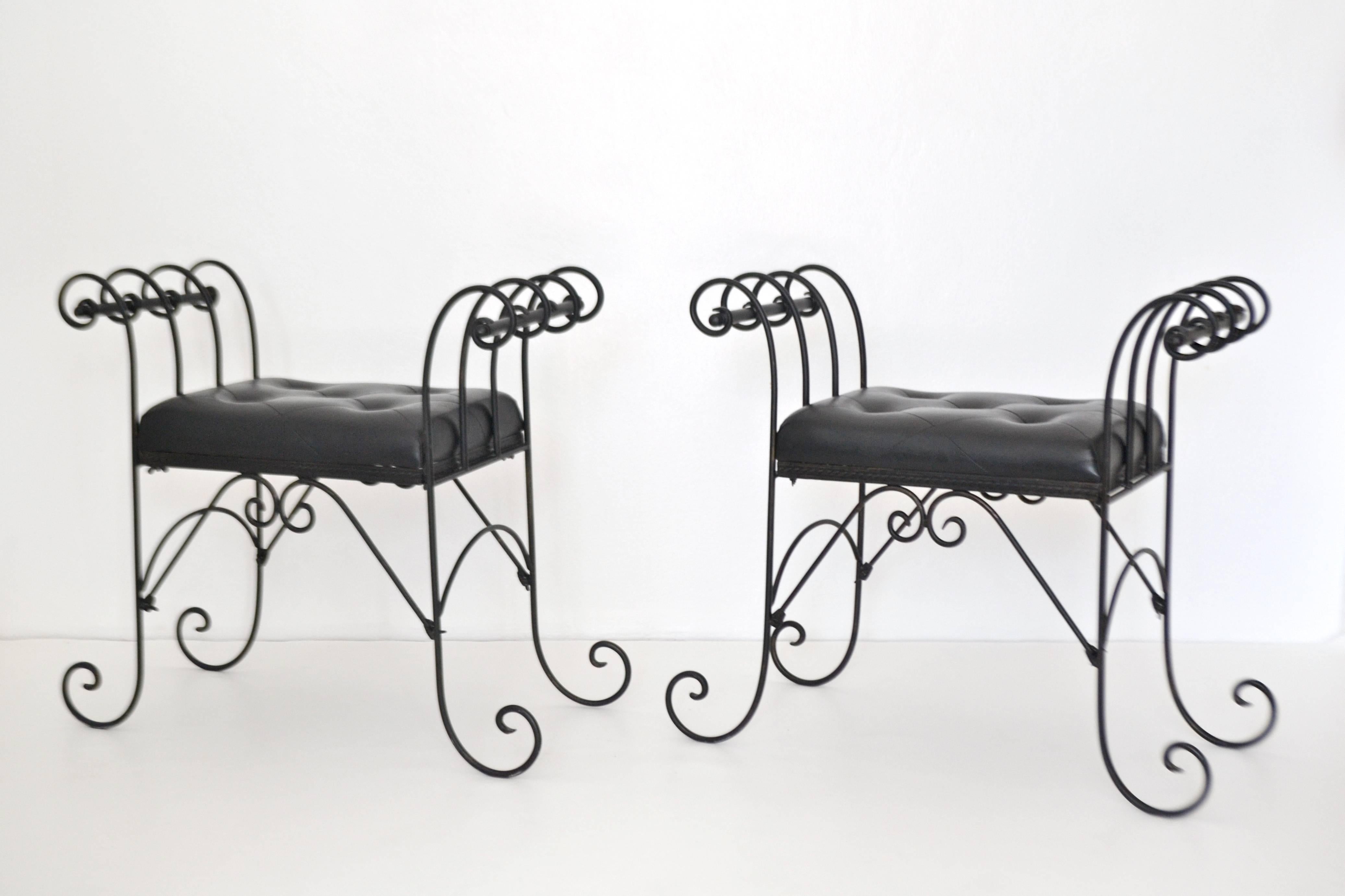 Mid-Century Modern Pair of Midcentury Wrought Iron Tufted Leather Benches For Sale
