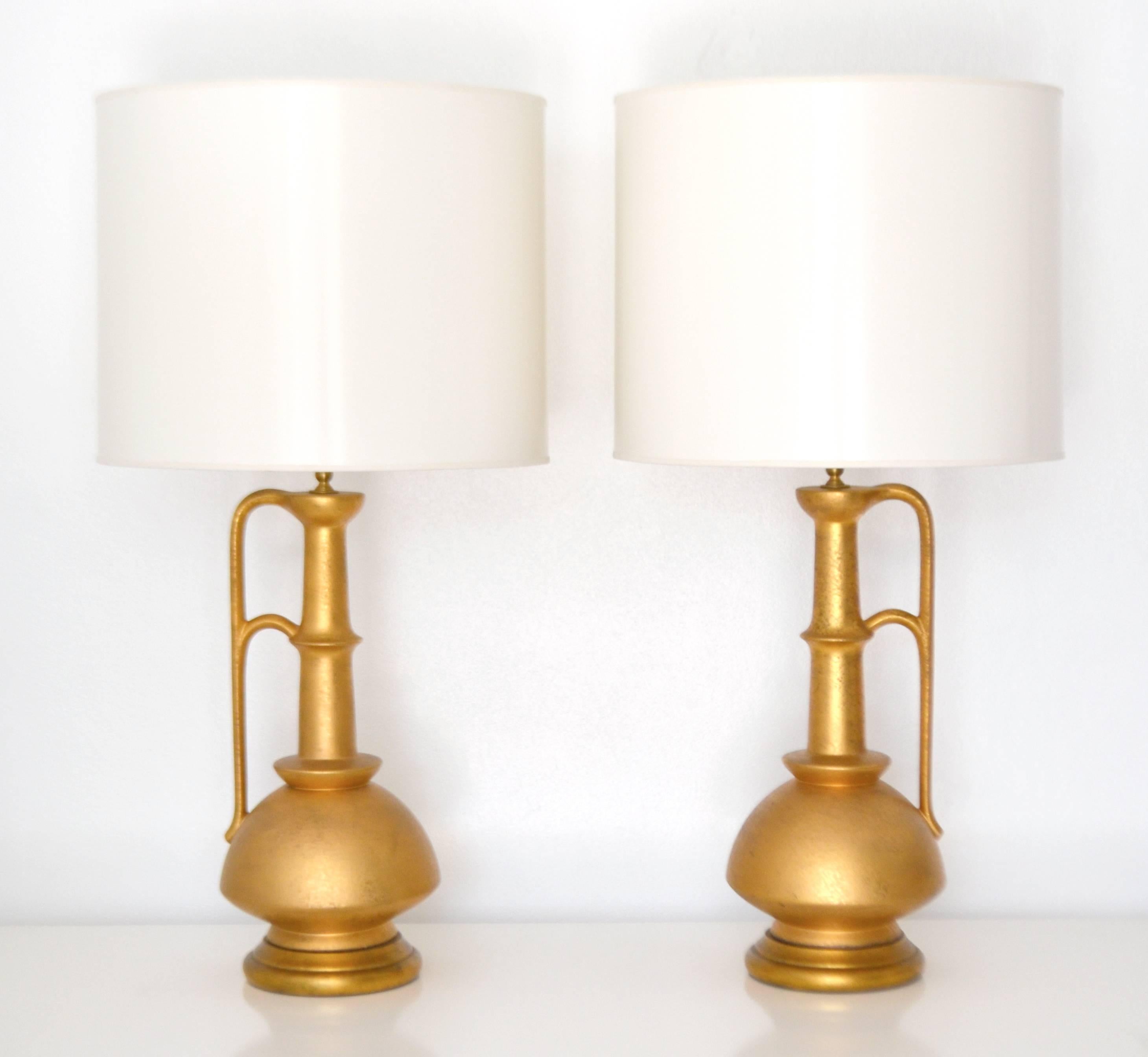 Brass Pair of Italian Midcentury Ceramic Jar Form Table Lamps For Sale