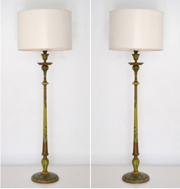 Pair Of Venetian Hand Painted Carved Wood Candlestick Table Lamps Pair Of Venetian Hand Painted Carved Wood Candlestick Table Lamps In Excellent Condition For