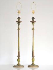 Pair of Venetian Hand-Painted Carved Wood Candlestick Table Lamps