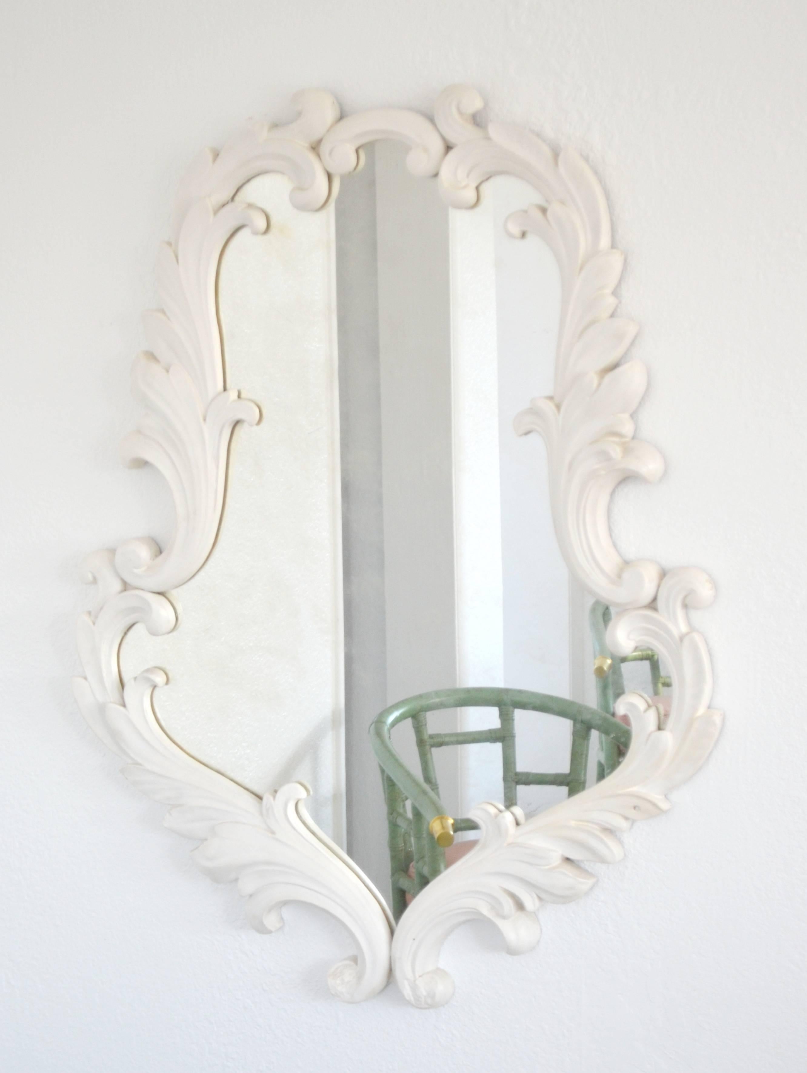 American Hollywood Regency White Gessoed Carved Oak Wall Mirror For Sale
