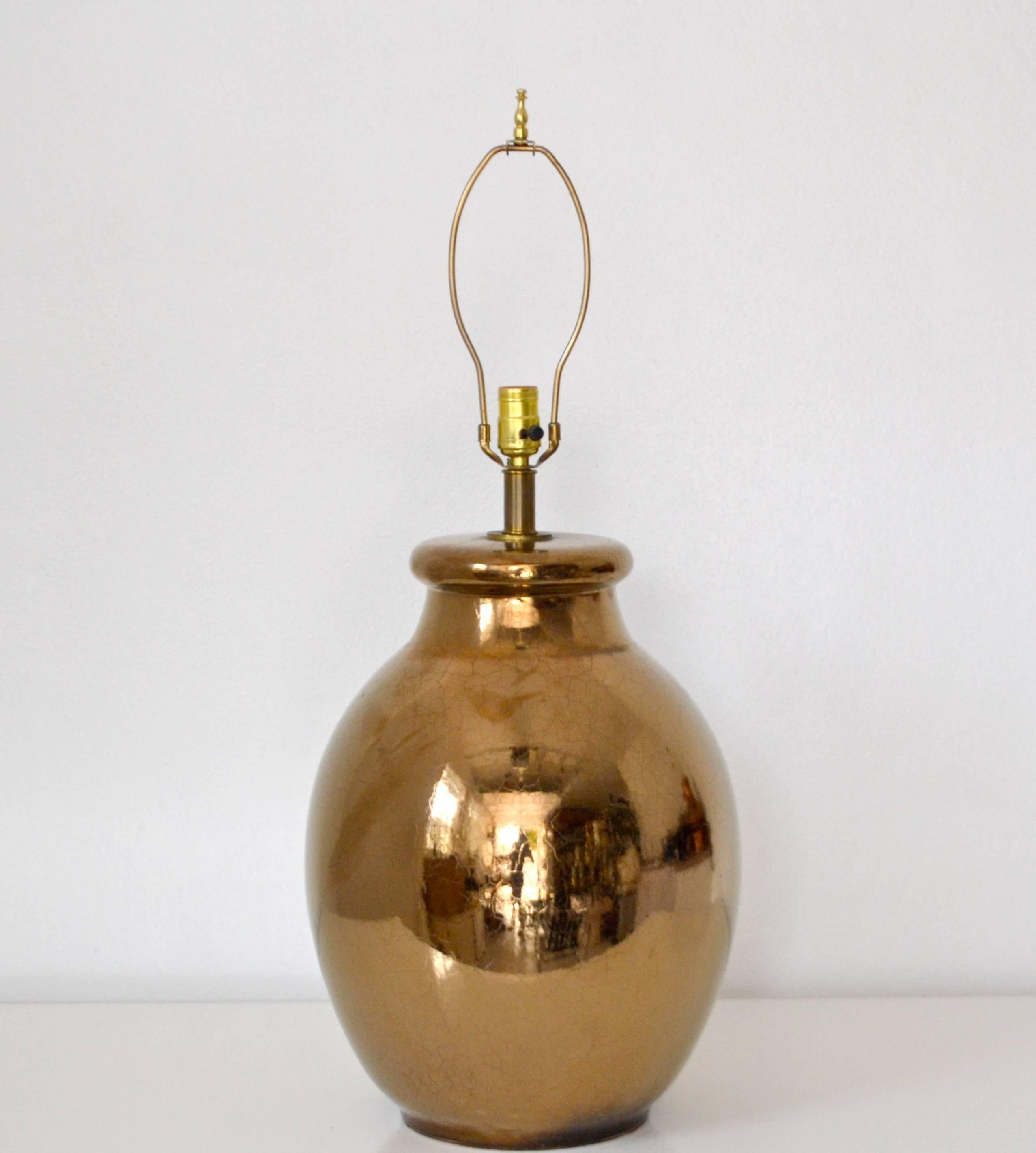 Mid-Century Modern Midcentury Gilt Crackle Glazed Ceramic Jar Form Table Lamp For Sale