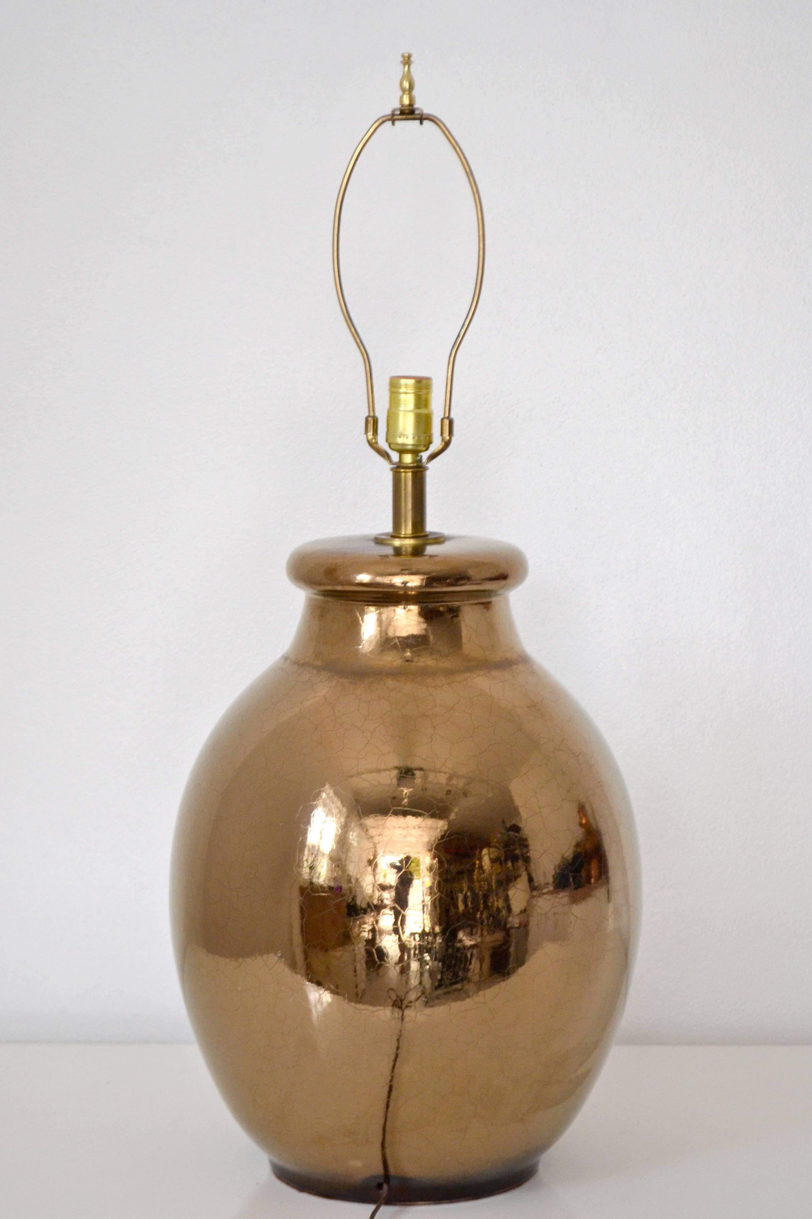 American Midcentury Gilt Crackle Glazed Ceramic Jar Form Table Lamp For Sale