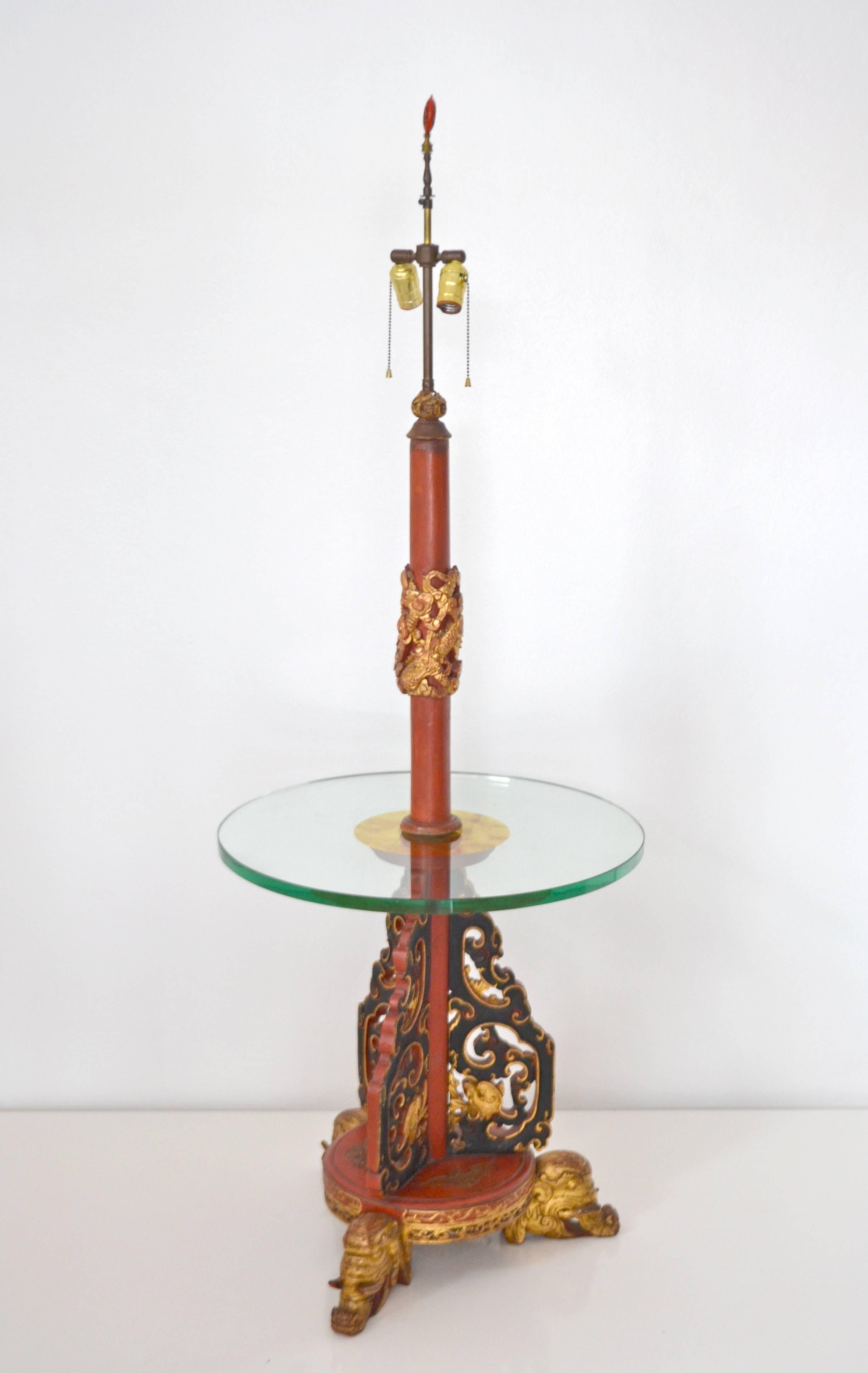 Hollywood Regency Asian Carved Wood Floor Lamp In Good Condition For Sale In West Palm Beach, FL