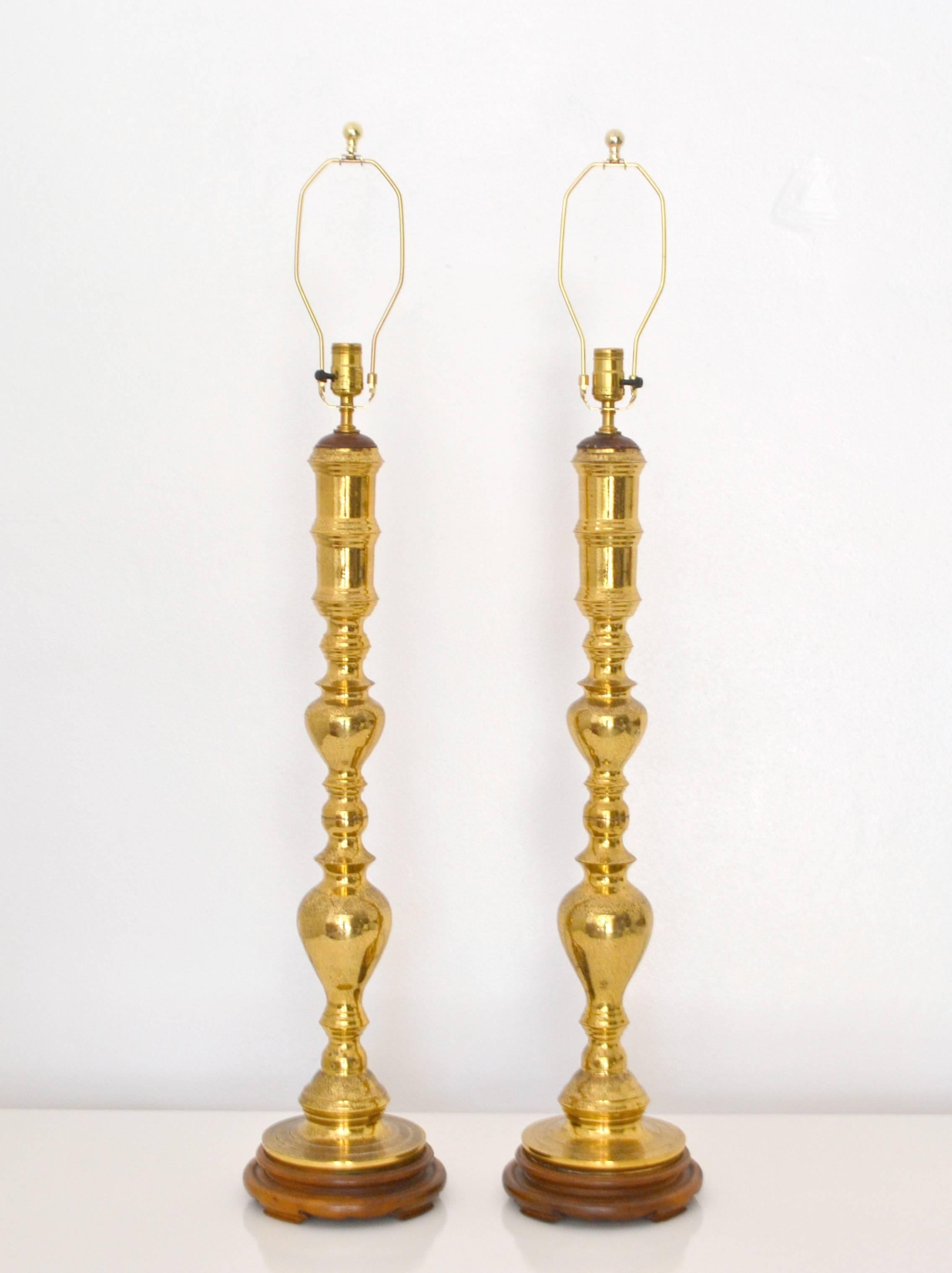 Mid-Century Modern Pair of Midcentury Etched Brass Candlestick Table Lamps For Sale