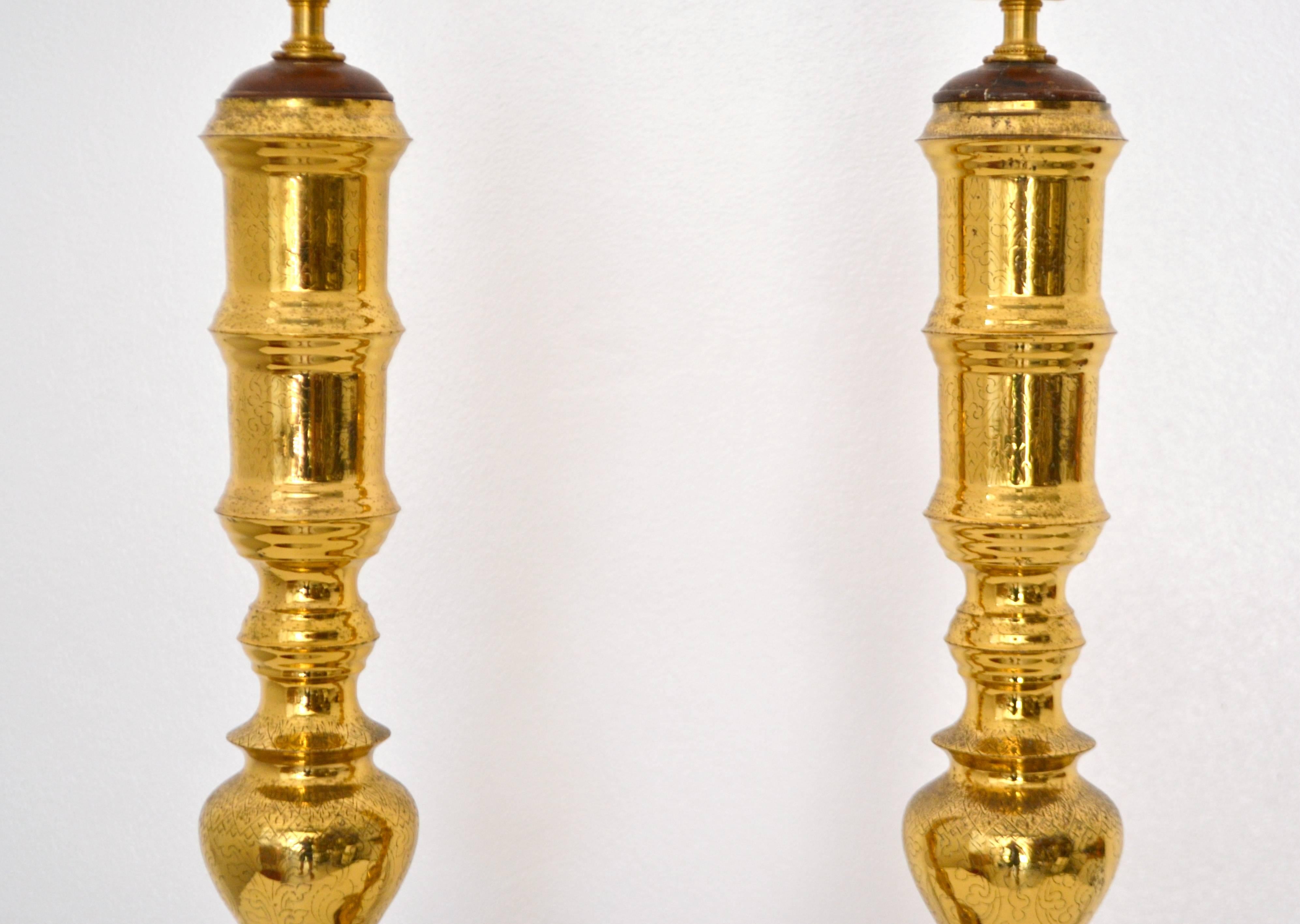 Mid-20th Century Pair of Midcentury Etched Brass Candlestick Table Lamps For Sale