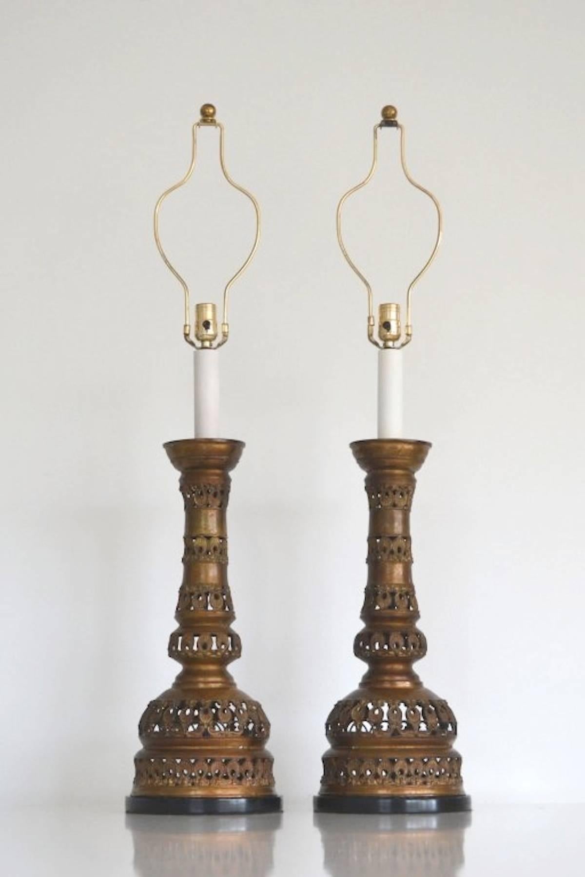 Mid-Century Modern Pair of Midcentury Brass Candlestick Table Lamps For Sale