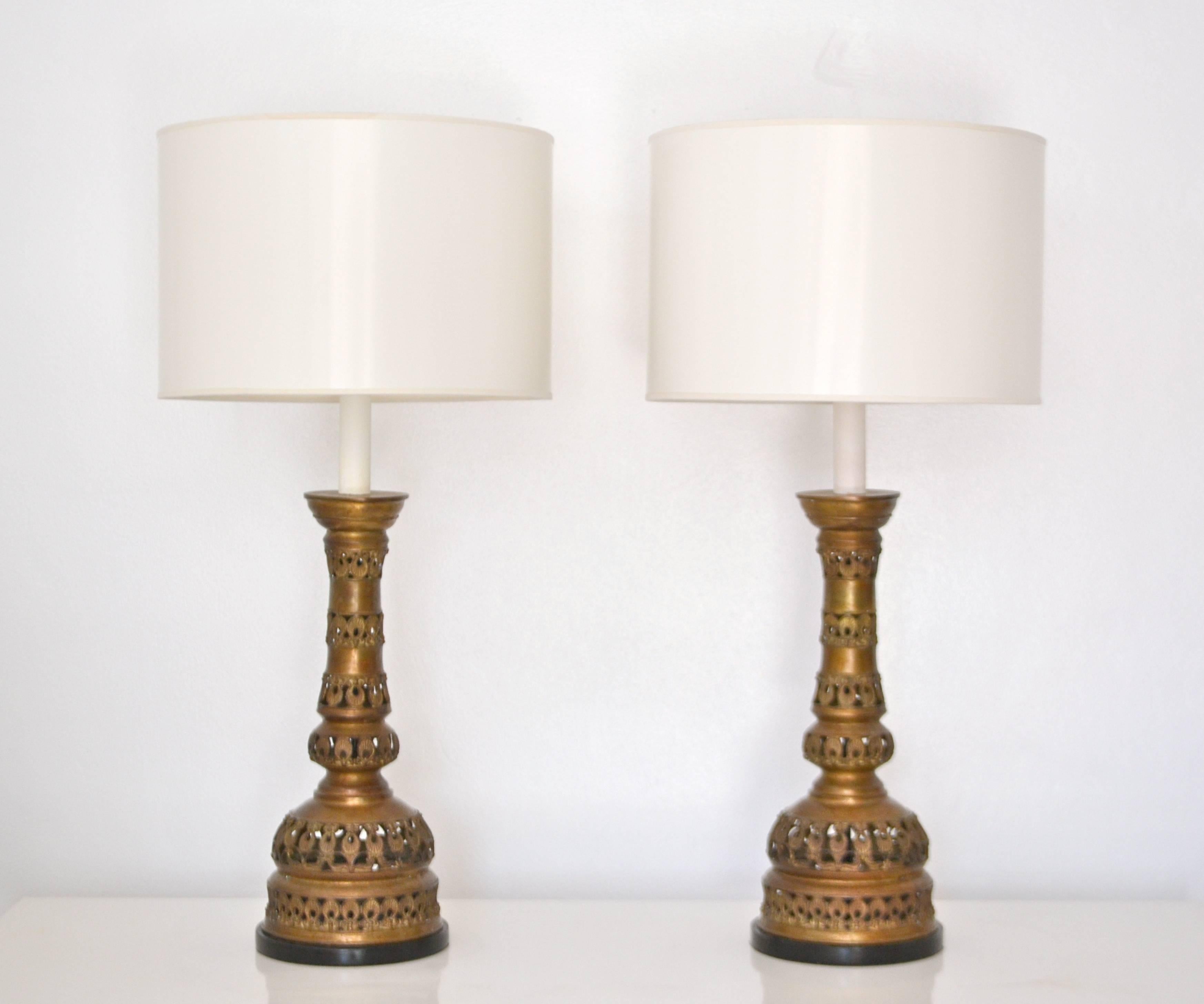 Metal Pair of Midcentury Brass Candlestick Table Lamps For Sale