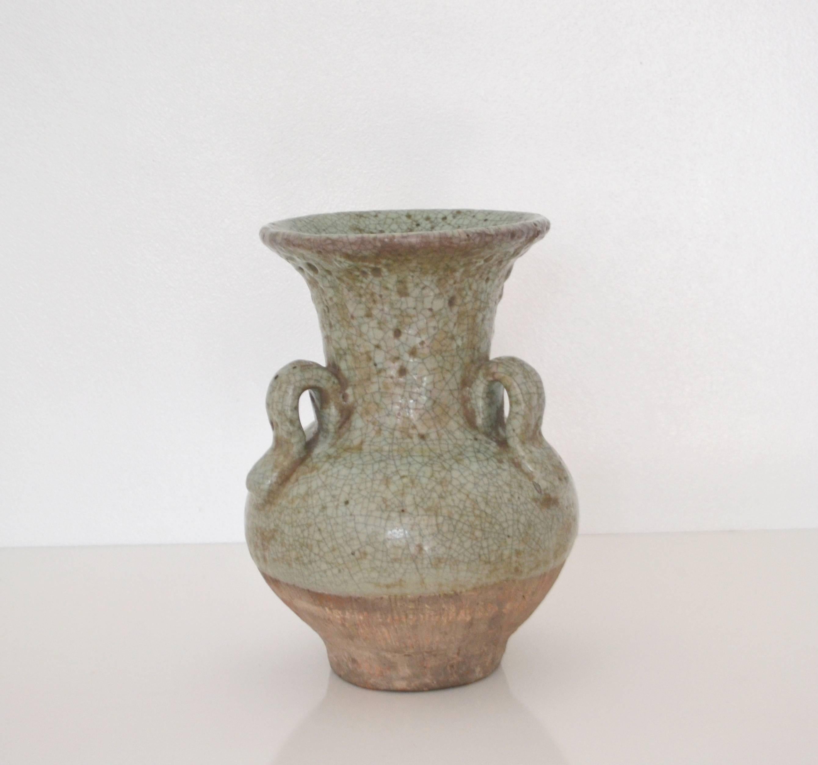 19th Century Asian Celadon Crackle Glazed Ceramic Vase For Sale