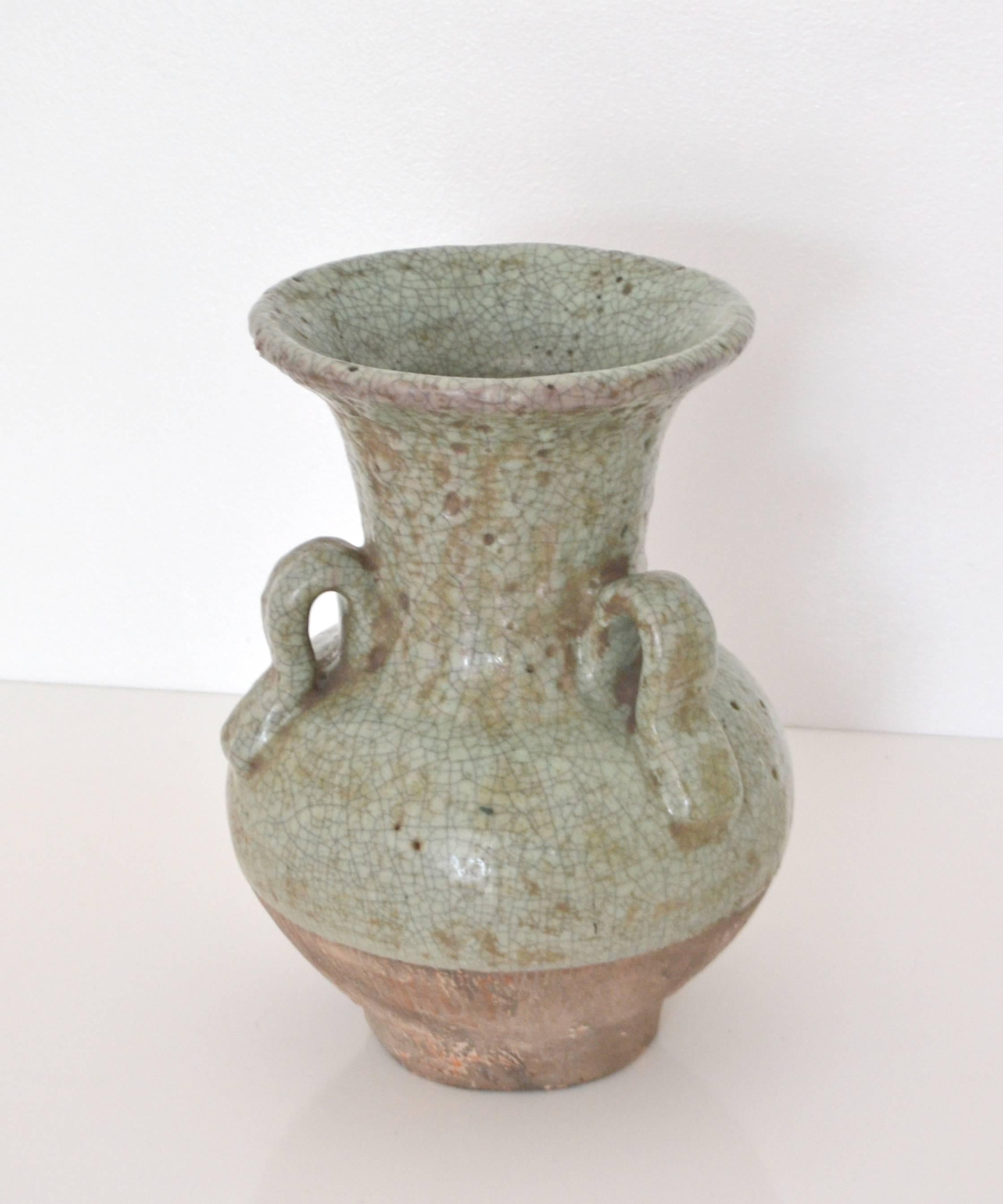 Asian Celadon Crackle Glazed Ceramic Vase In Good Condition For Sale In West Palm Beach, FL