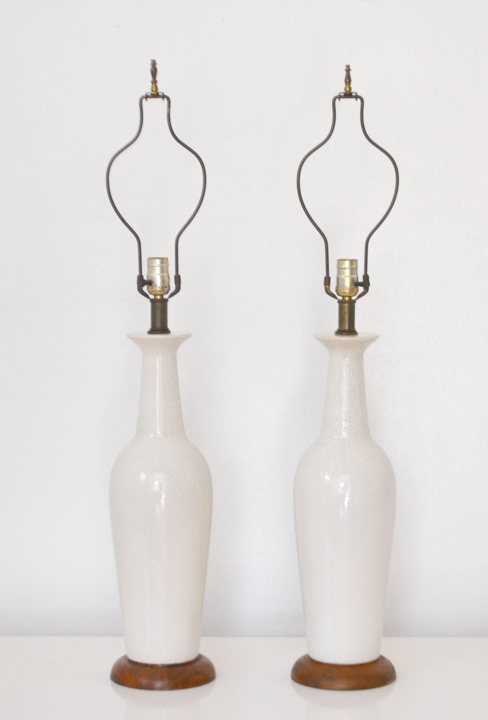 Mid-Century Modern Pair of Midcentury Crackle Glazed Ceramic Bottle Form Table Lamps For Sale