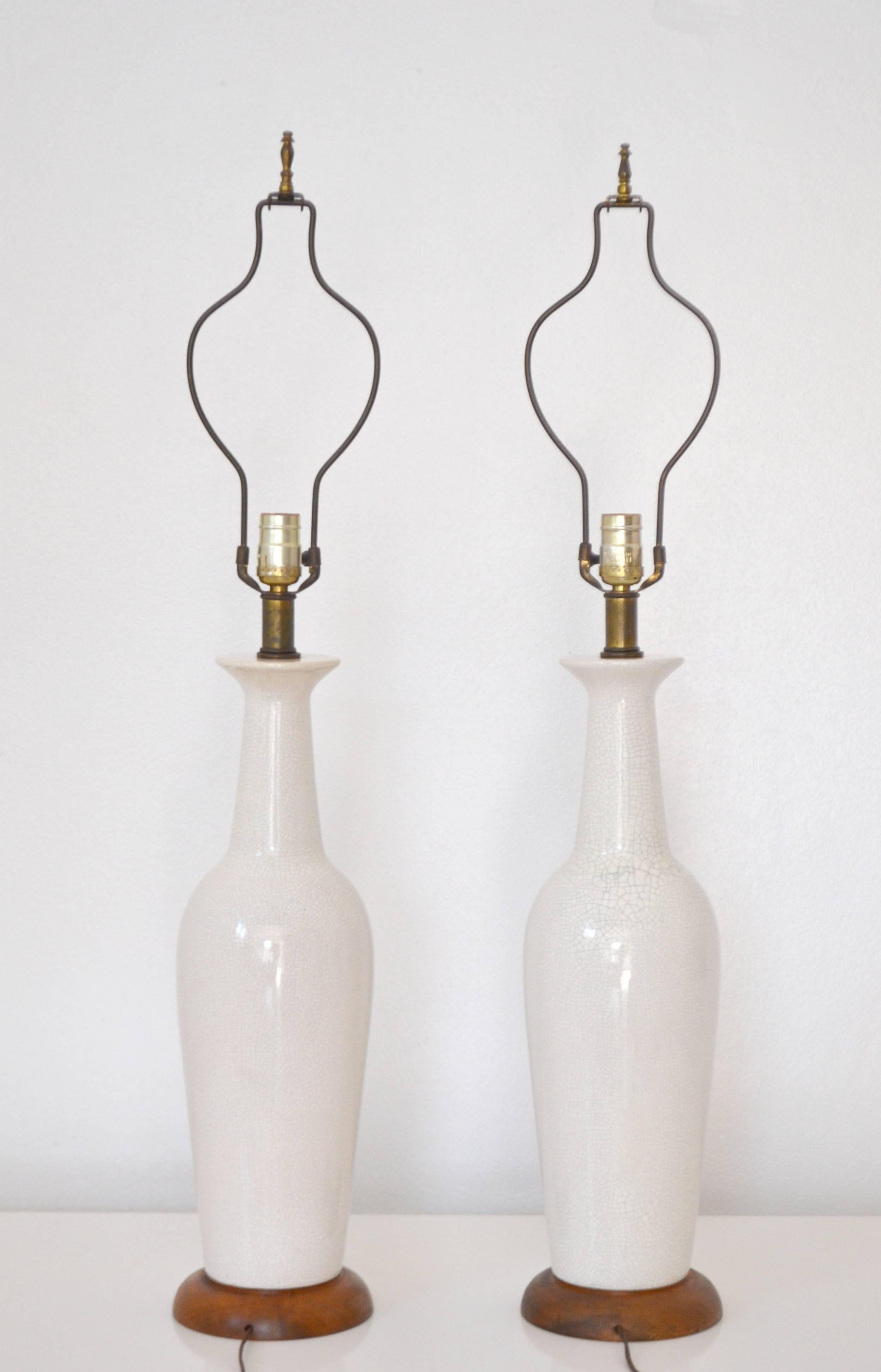American Pair of Midcentury Crackle Glazed Ceramic Bottle Form Table Lamps For Sale