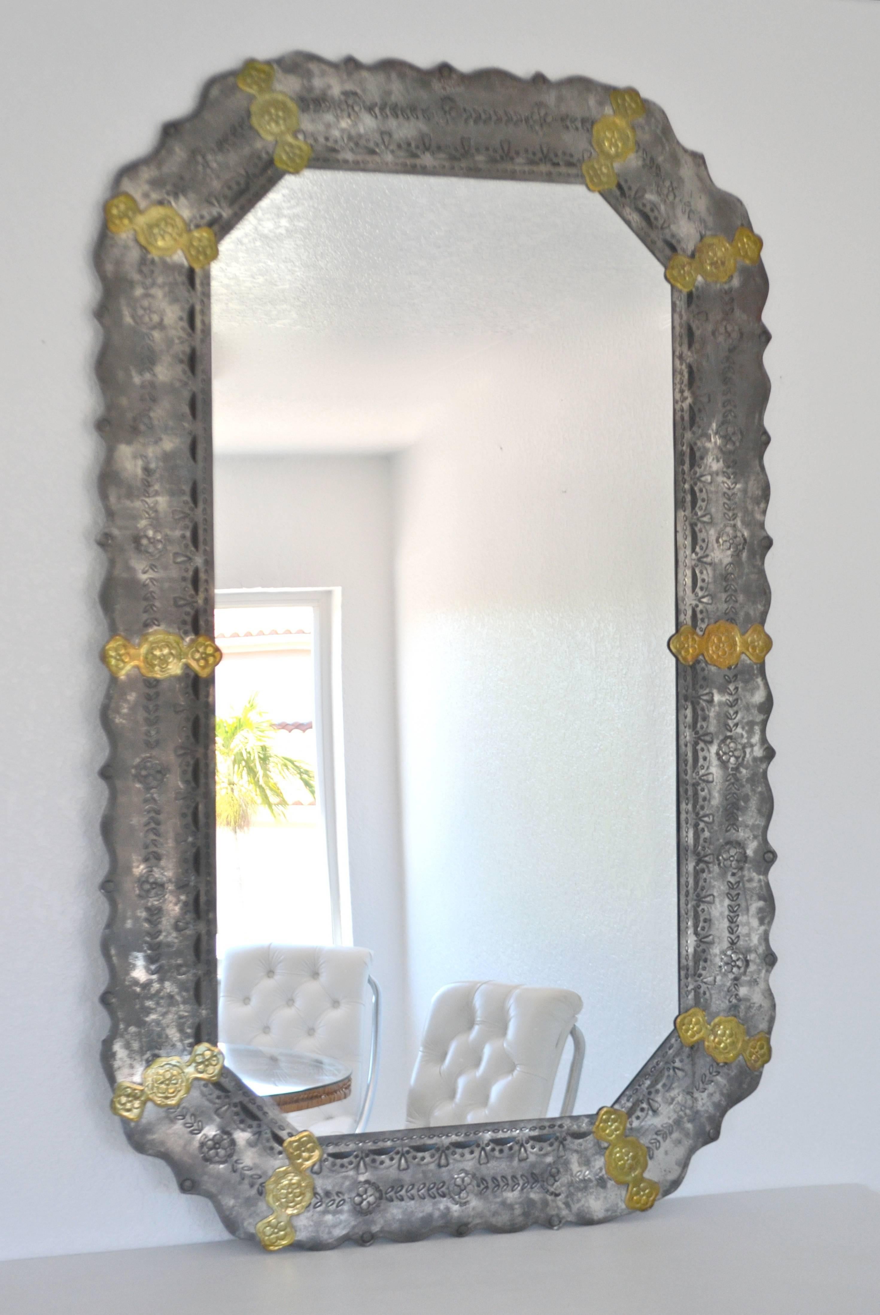 Midcentury Etched Metal Wall Mirror In Good Condition For Sale In West Palm Beach, FL