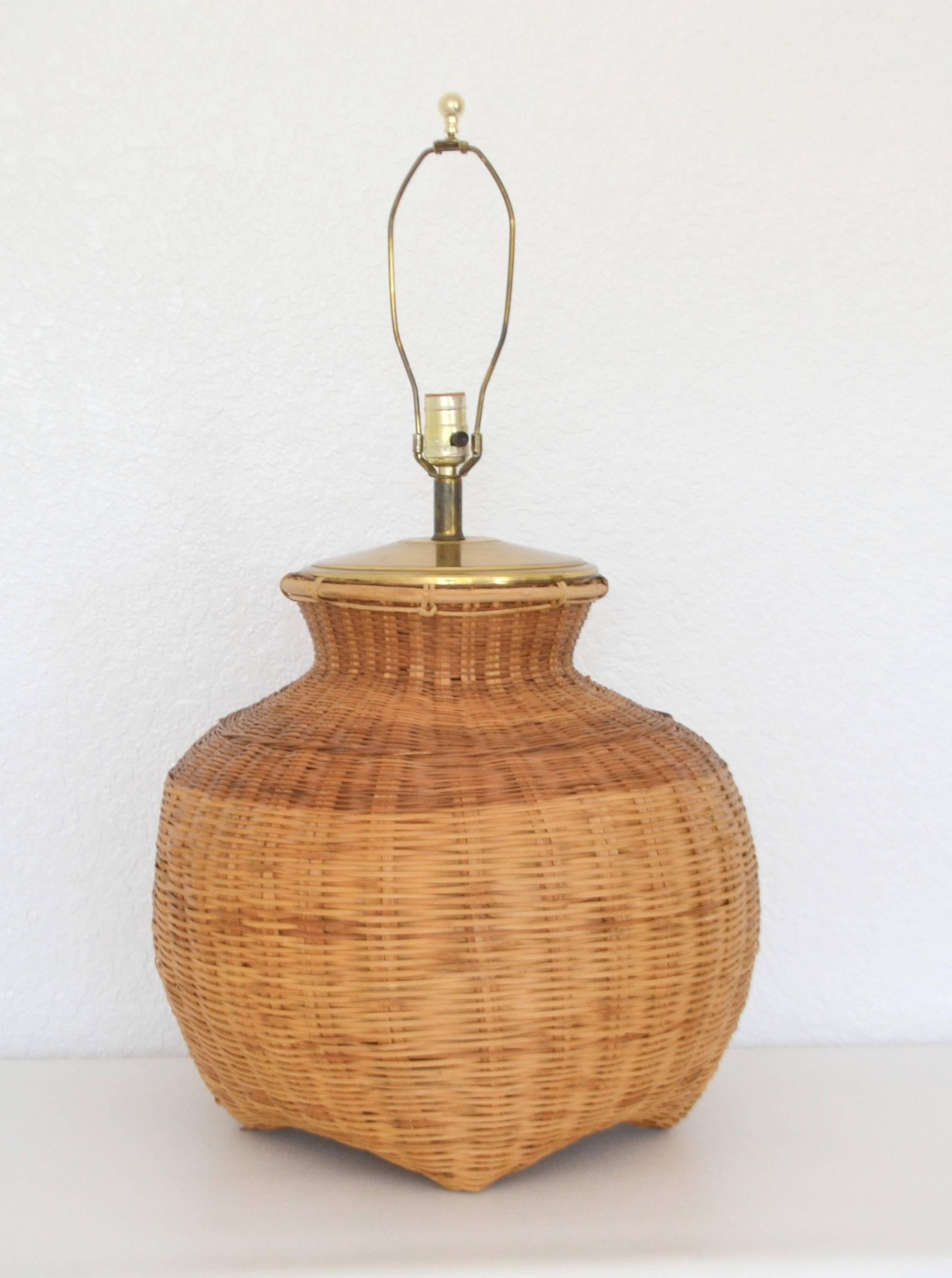 Mid-Century Modern Mid-Century Woven Rattan Basket Form Table Lamp