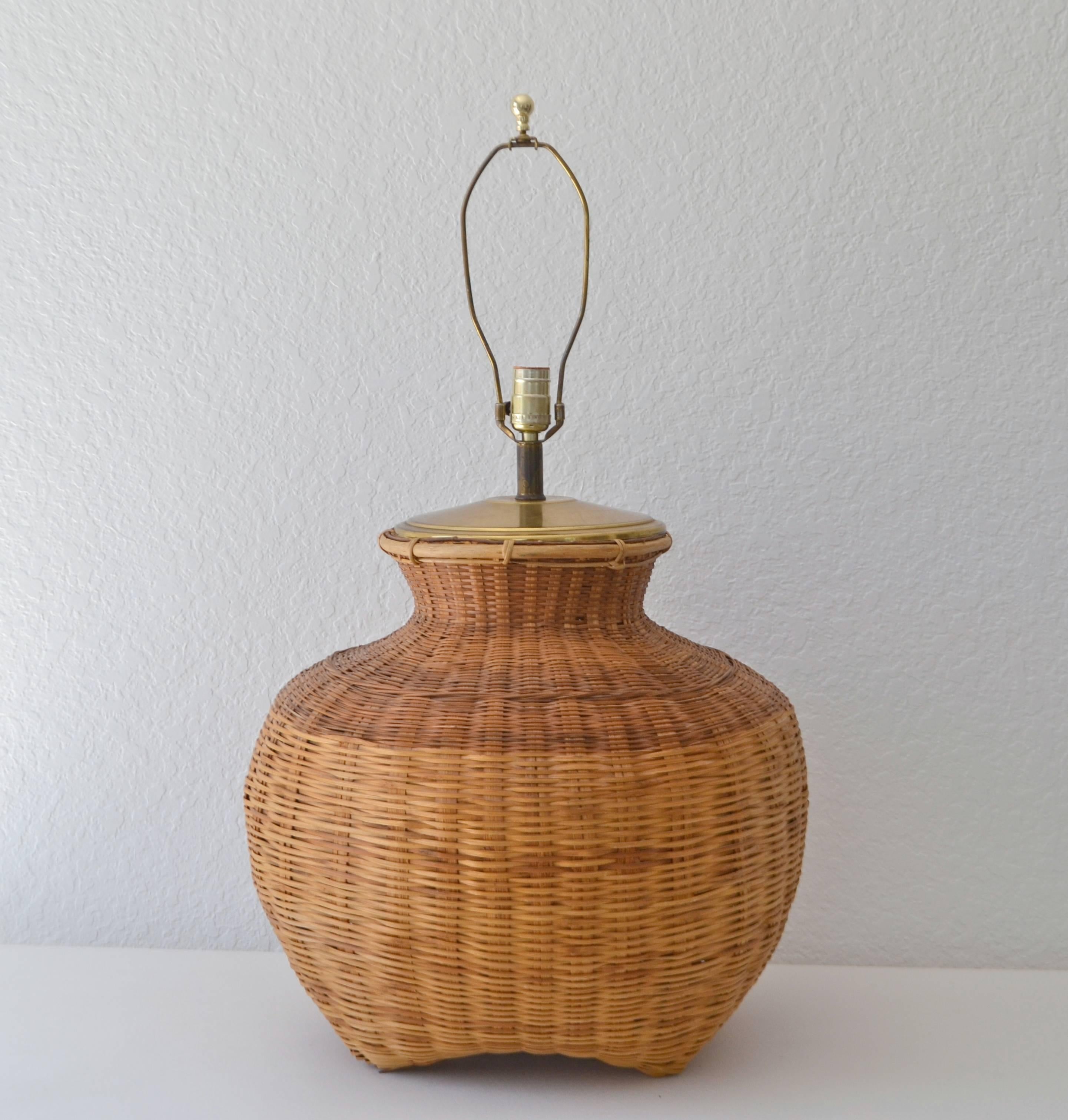 North American Mid-Century Woven Rattan Basket Form Table Lamp