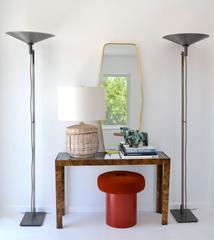 Mid-Century Whitewashed Woven Rattan Basket Form Table Lamp