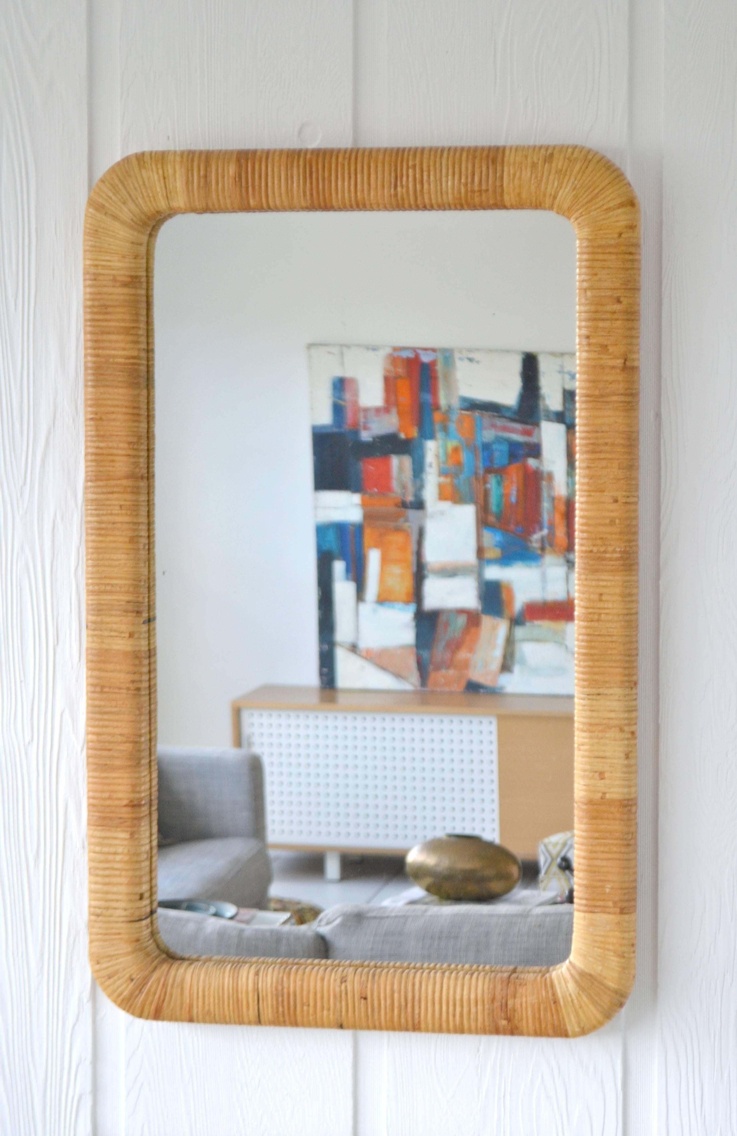Mid-Century Modern Pair of Mid-Century Rattan Wrapped Wall Mirrors