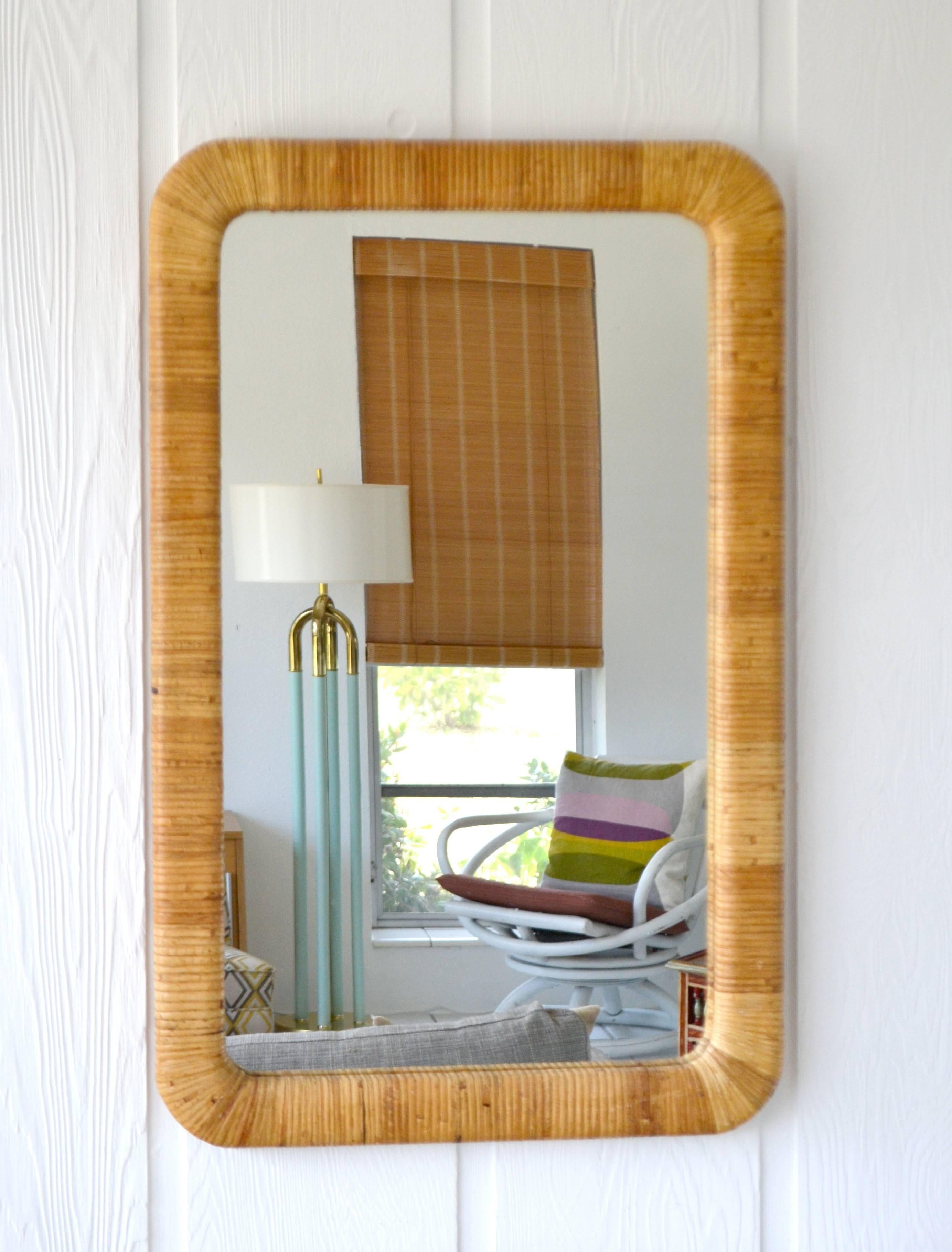 North American Pair of Mid-Century Rattan Wrapped Wall Mirrors
