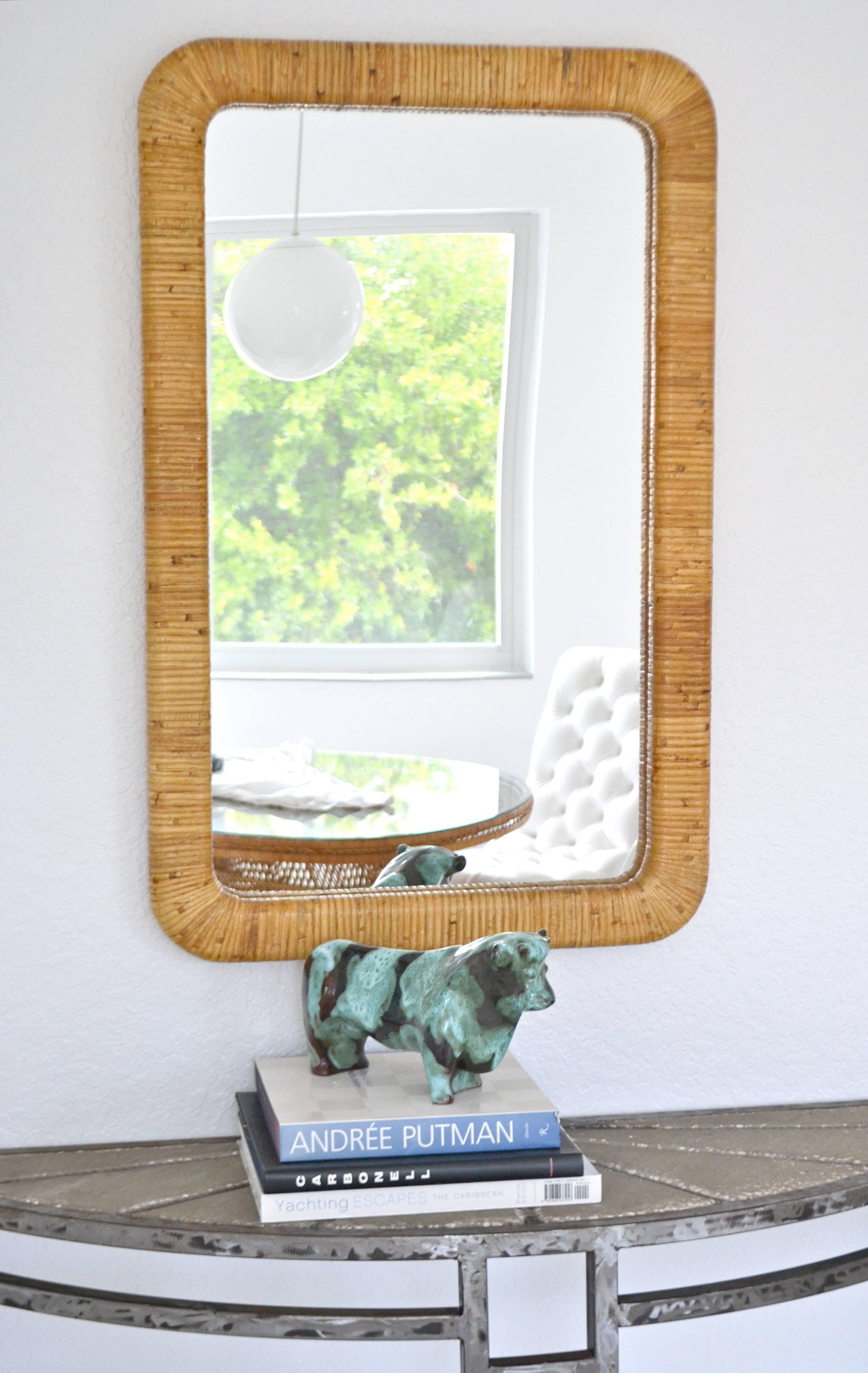 Pair of Mid-Century Rattan Wrapped Wall Mirrors 1