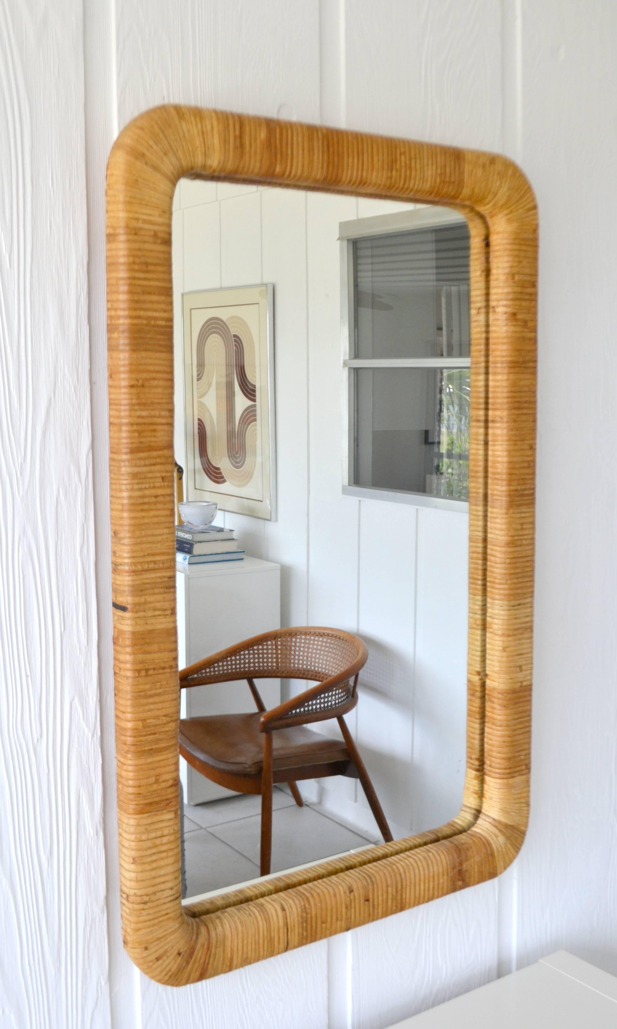 Pair of Mid-Century Rattan Wrapped Wall Mirrors In Excellent Condition In West Palm Beach, FL