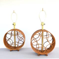 Pair of Mid-Century Bent Reed and Bamboo Table Lamps
