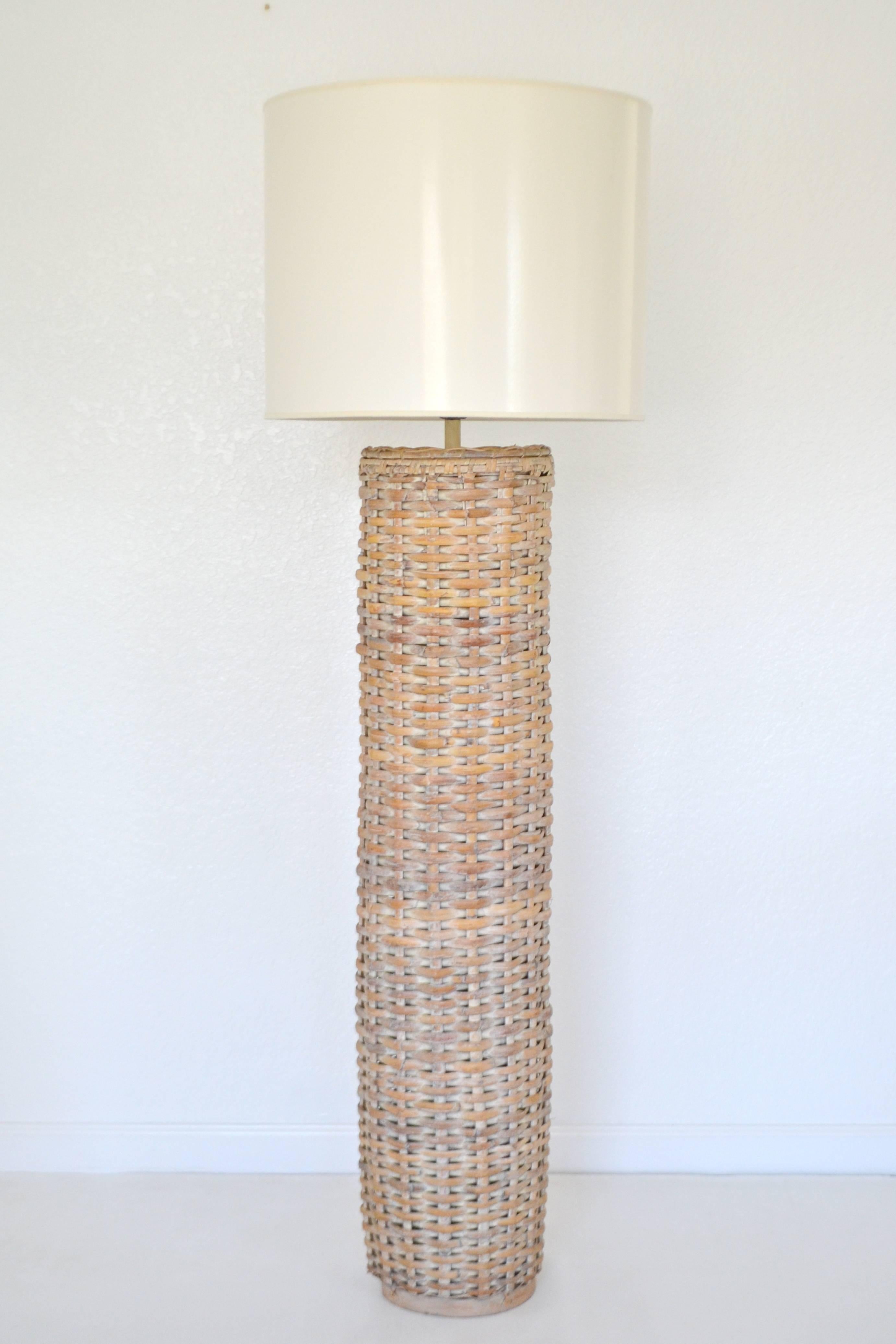 Mid-20th Century Midcentury Woven Rattan Cylinder Form Floor Lamp For Sale
