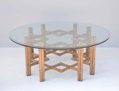 Mid-Century Round Bamboo and Brass Glass Top Cocktail Table