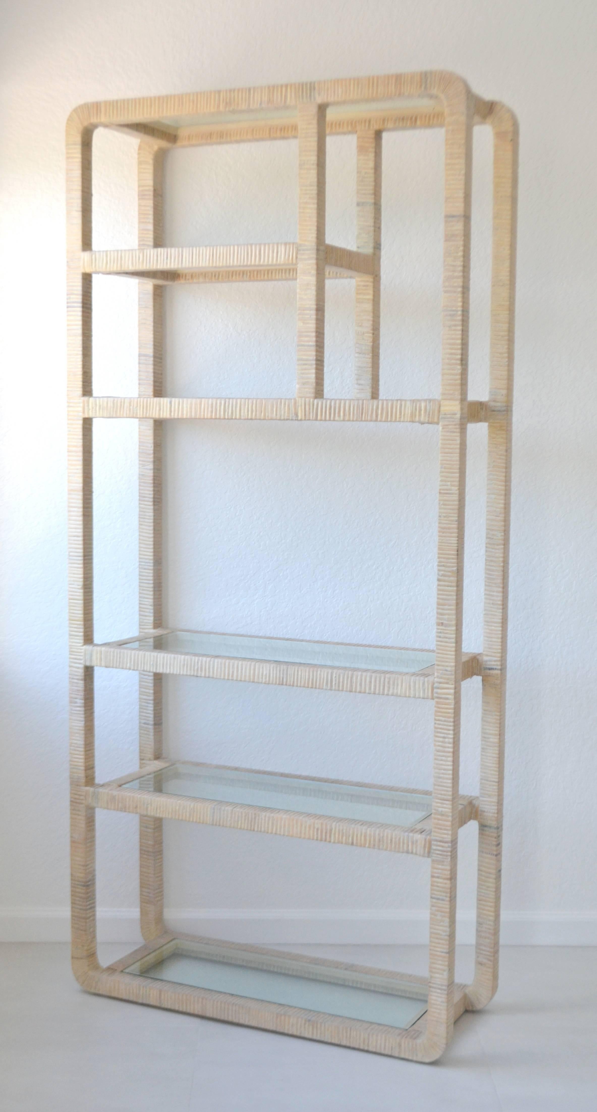 Mid-Century Whitewashed Rattan Bookcase Etagere In Excellent Condition In West Palm Beach, FL