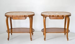 Pair of Italian Hollywood Regency Fruitwood Side Tables with Inset Marble Tops
