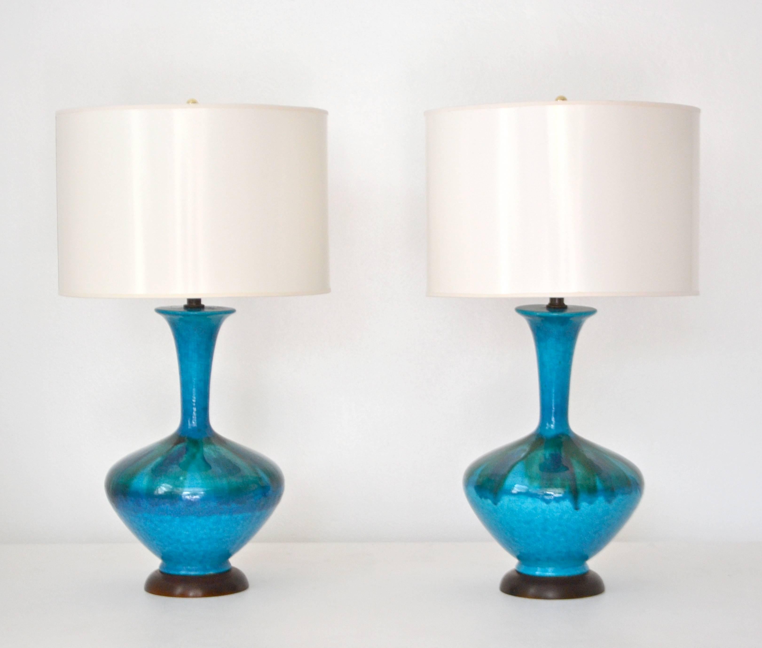 Brass Pair of Mid-Century Blue Green Crackle Glazed Ceramic Jar Form Table Lamps For Sale