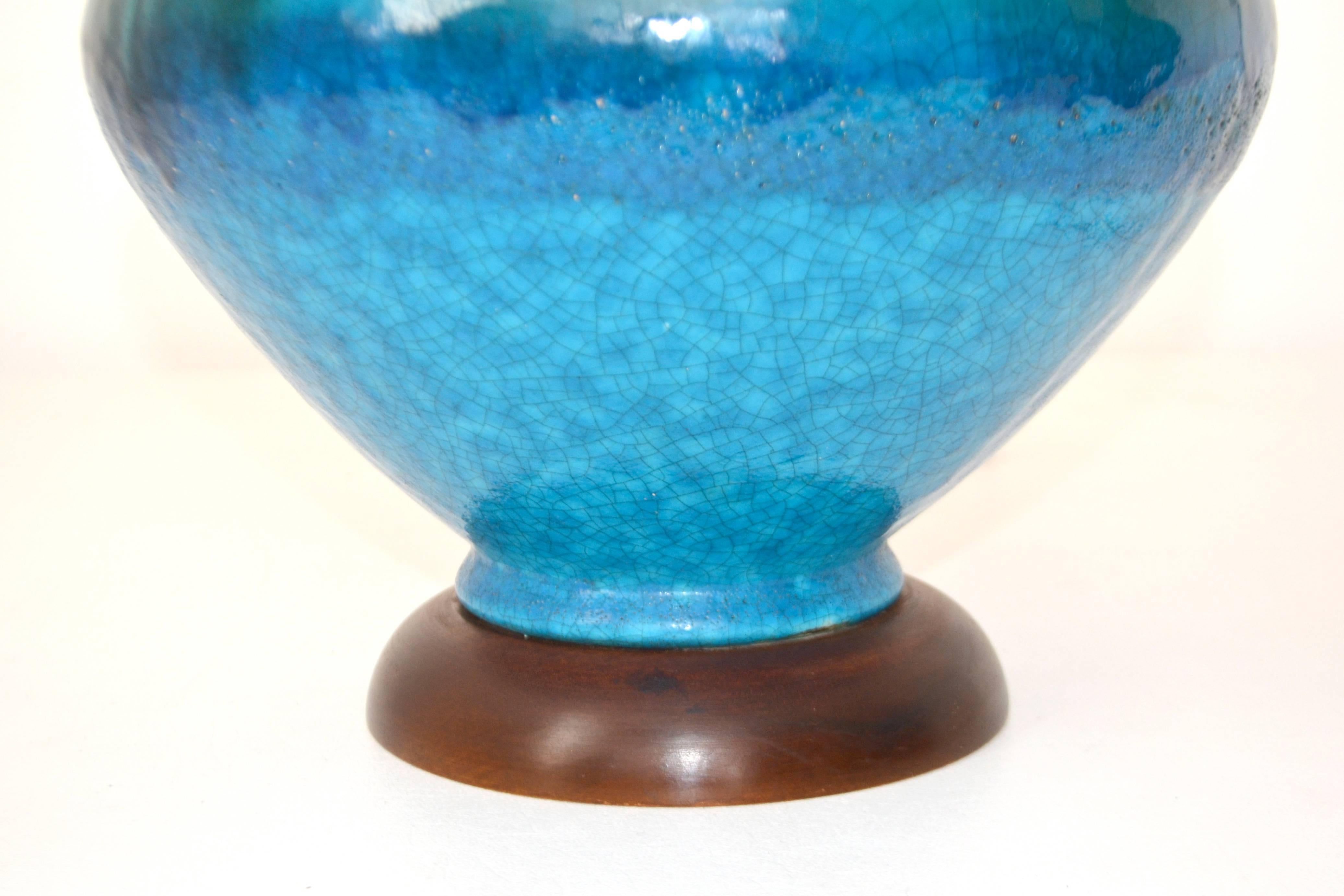 Pair of Mid-Century Blue Green Crackle Glazed Ceramic Jar Form Table Lamps For Sale 1