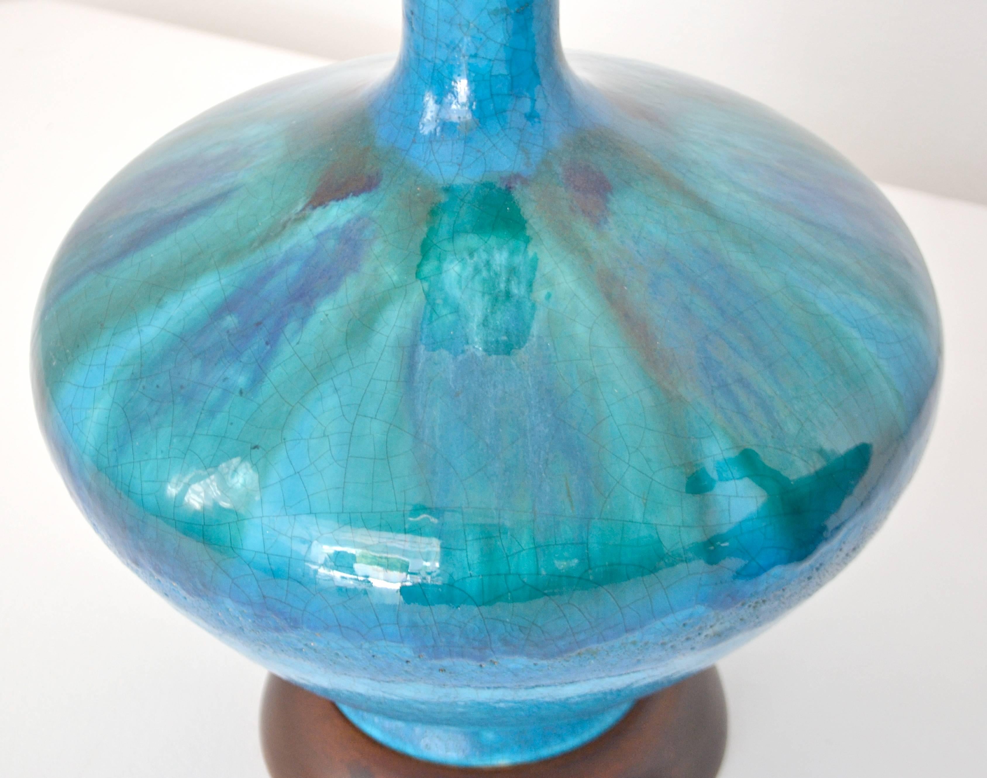 Mid-20th Century Pair of Mid-Century Blue Green Crackle Glazed Ceramic Jar Form Table Lamps For Sale