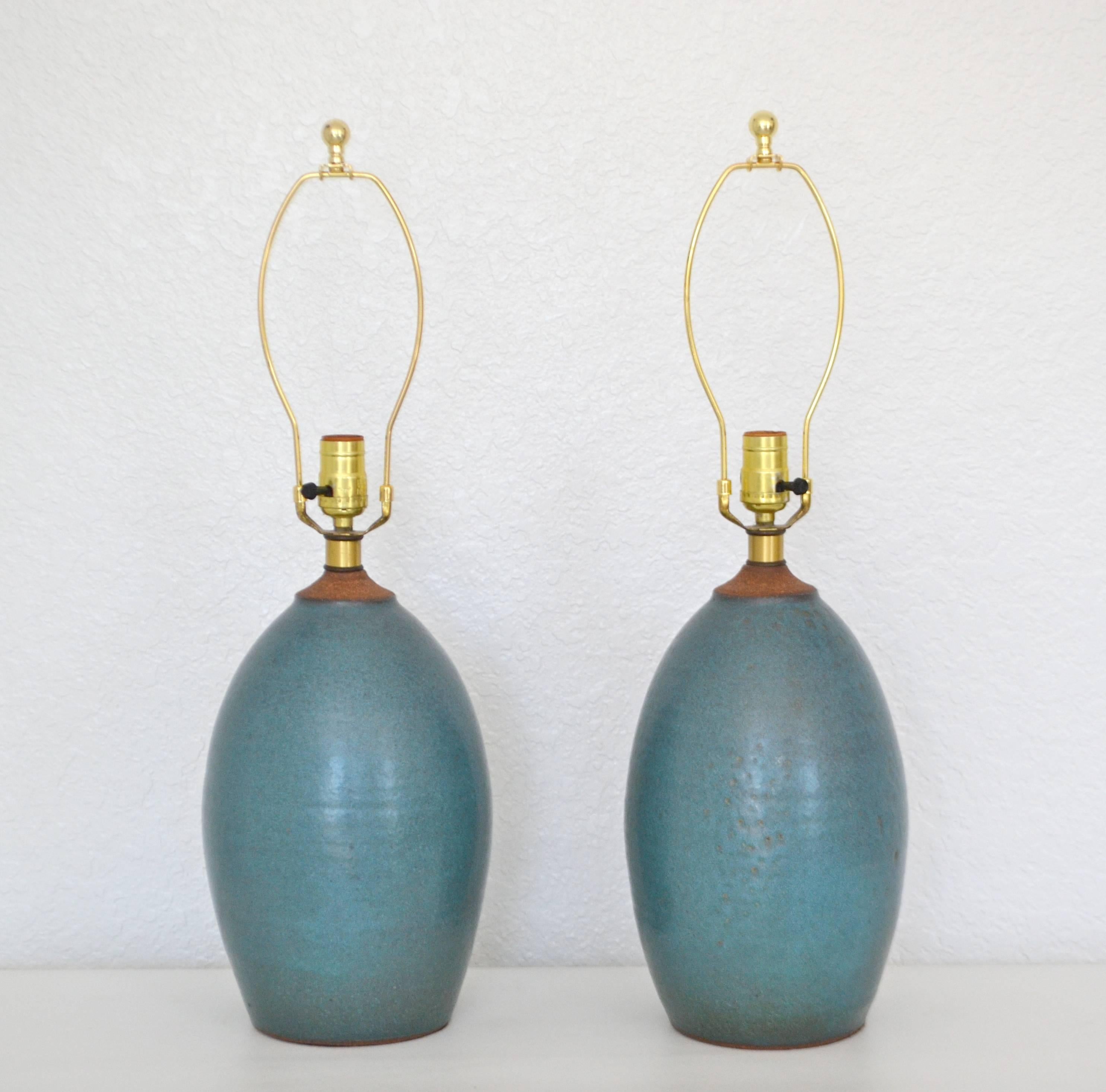 Mid-Century Modern Pair of Mid-Century Matte Blue Glazed Ceramic Organic Form Table Lamps