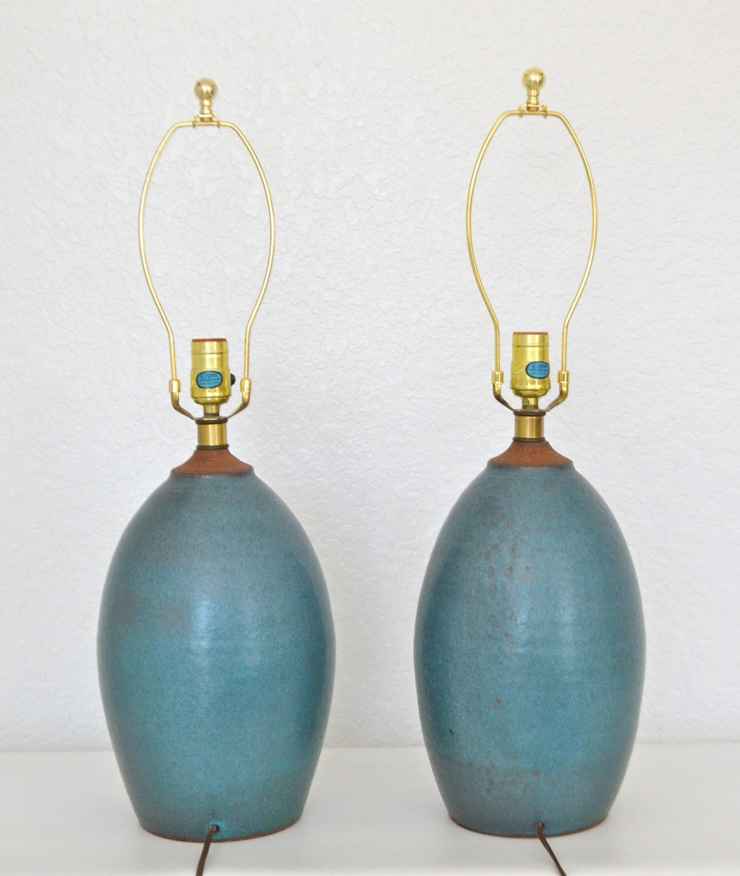 North American Pair of Mid-Century Matte Blue Glazed Ceramic Organic Form Table Lamps