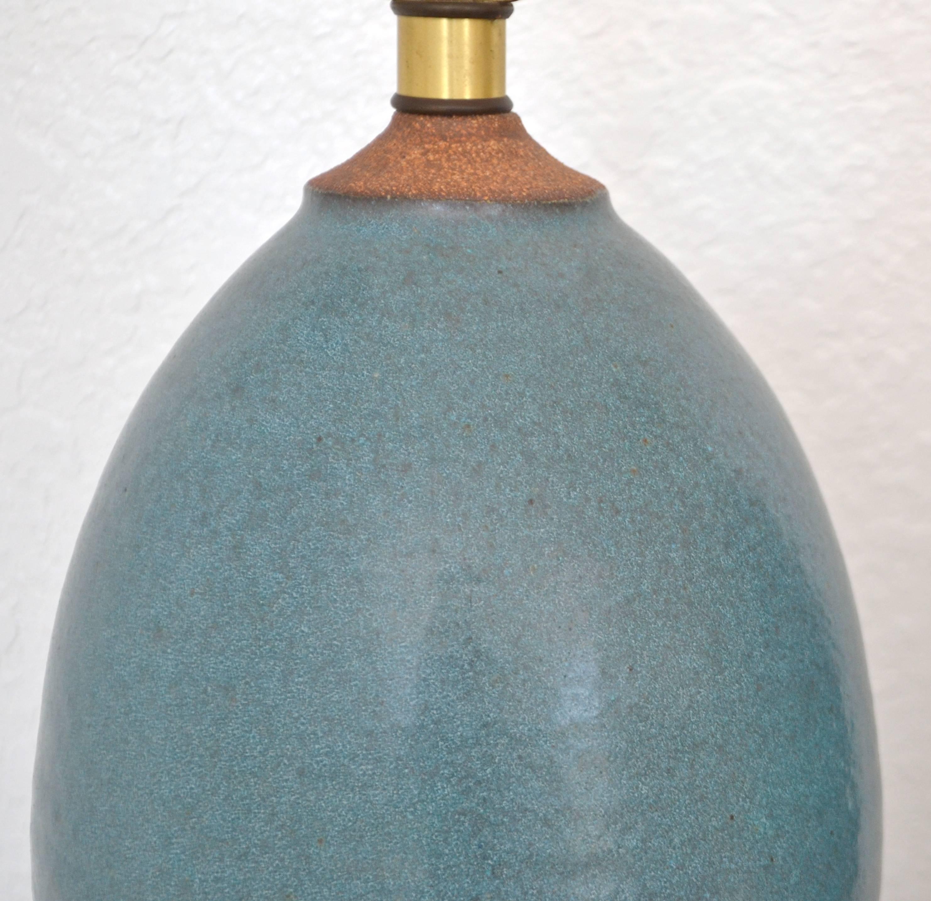 Pair of Mid-Century Matte Blue Glazed Ceramic Organic Form Table Lamps In Excellent Condition In West Palm Beach, FL