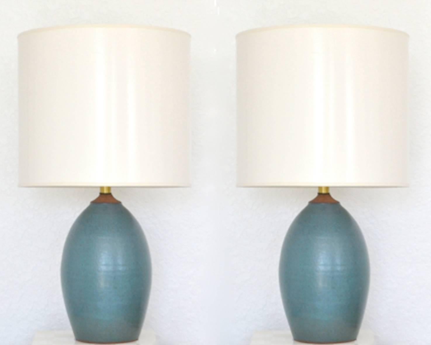 Brass Pair of Mid-Century Matte Blue Glazed Ceramic Organic Form Table Lamps