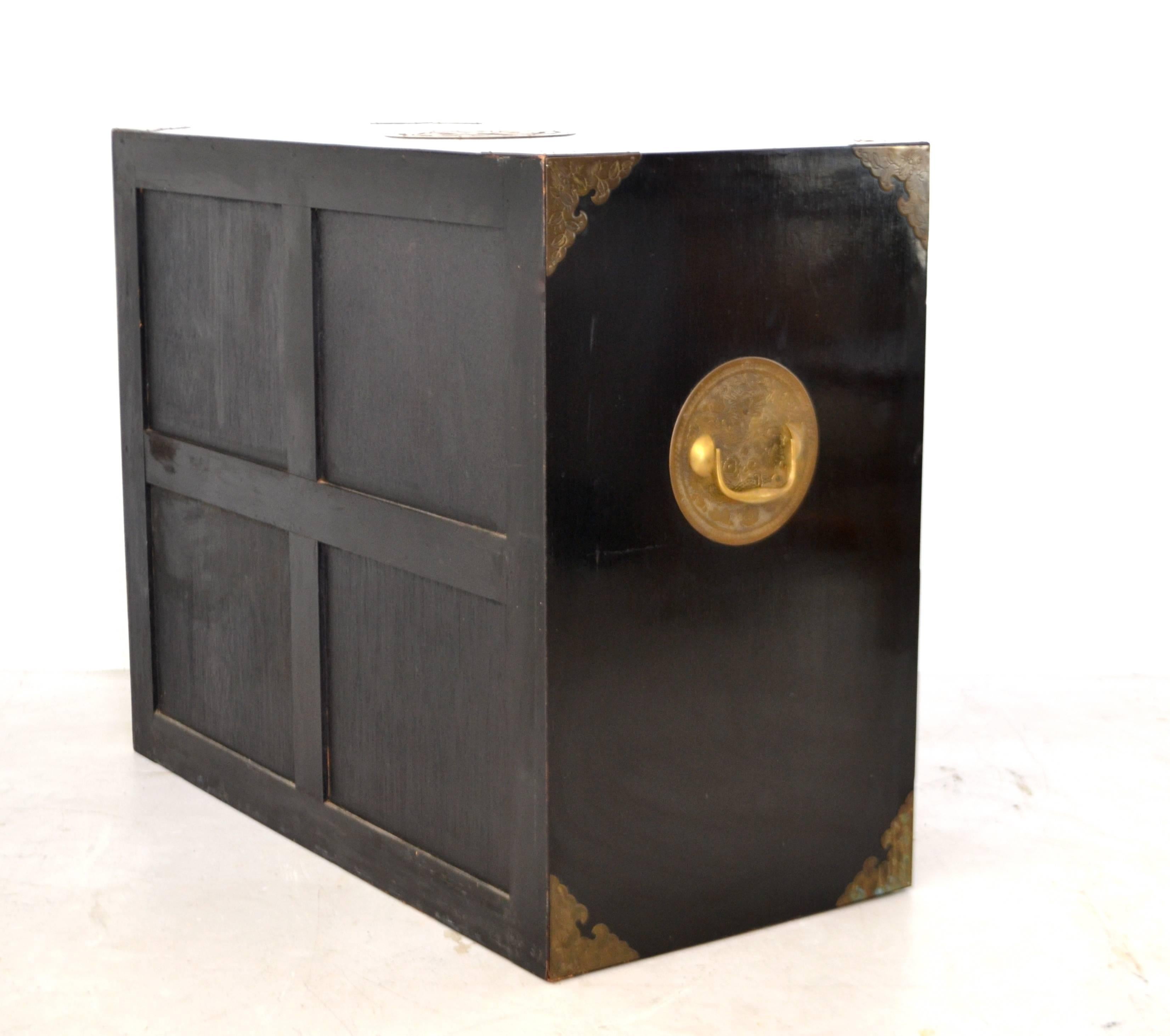 Mid-20th Century Midcentury Black Lacquered Asian Campaign Chest For Sale