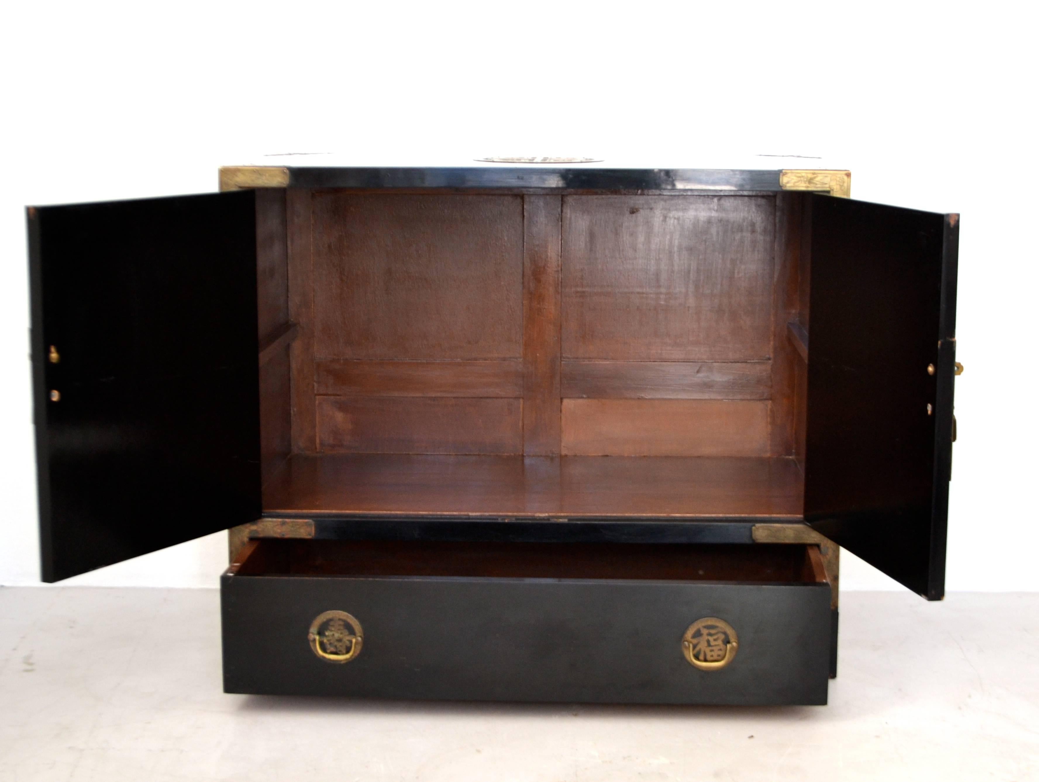 Brass Midcentury Black Lacquered Asian Campaign Chest For Sale