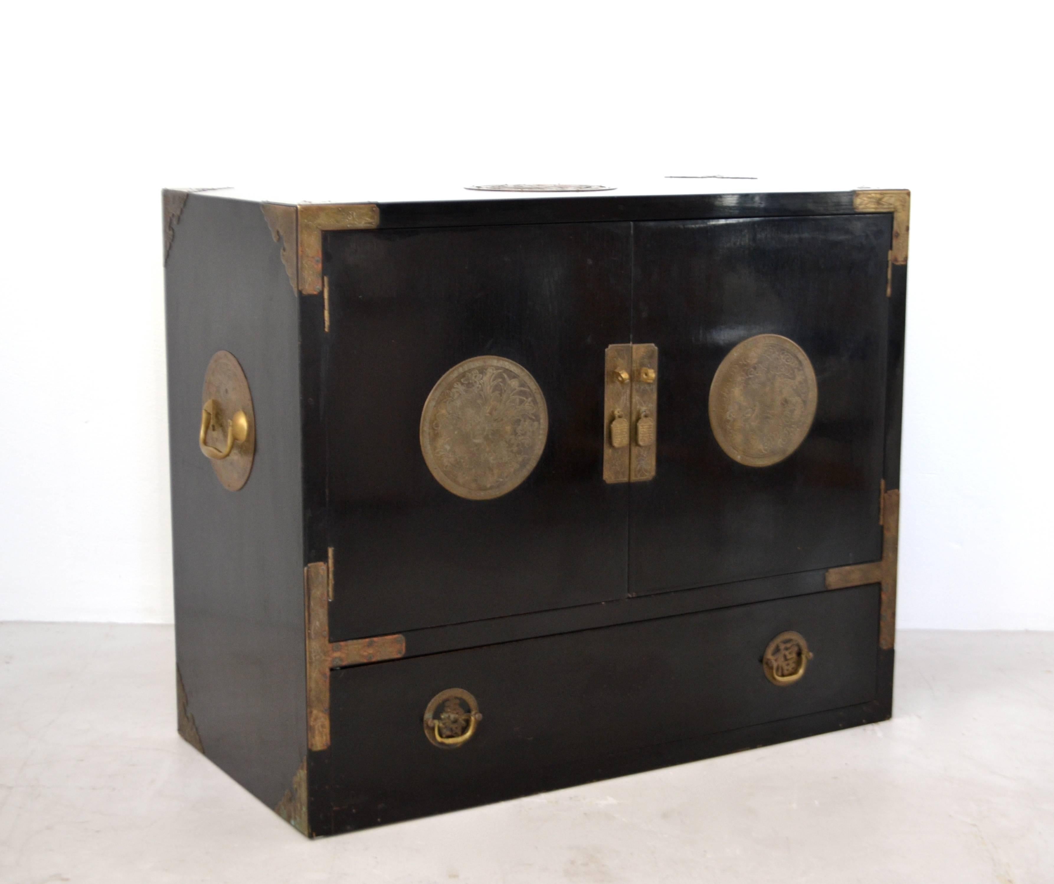 Mid-Century Modern Midcentury Black Lacquered Asian Campaign Chest For Sale