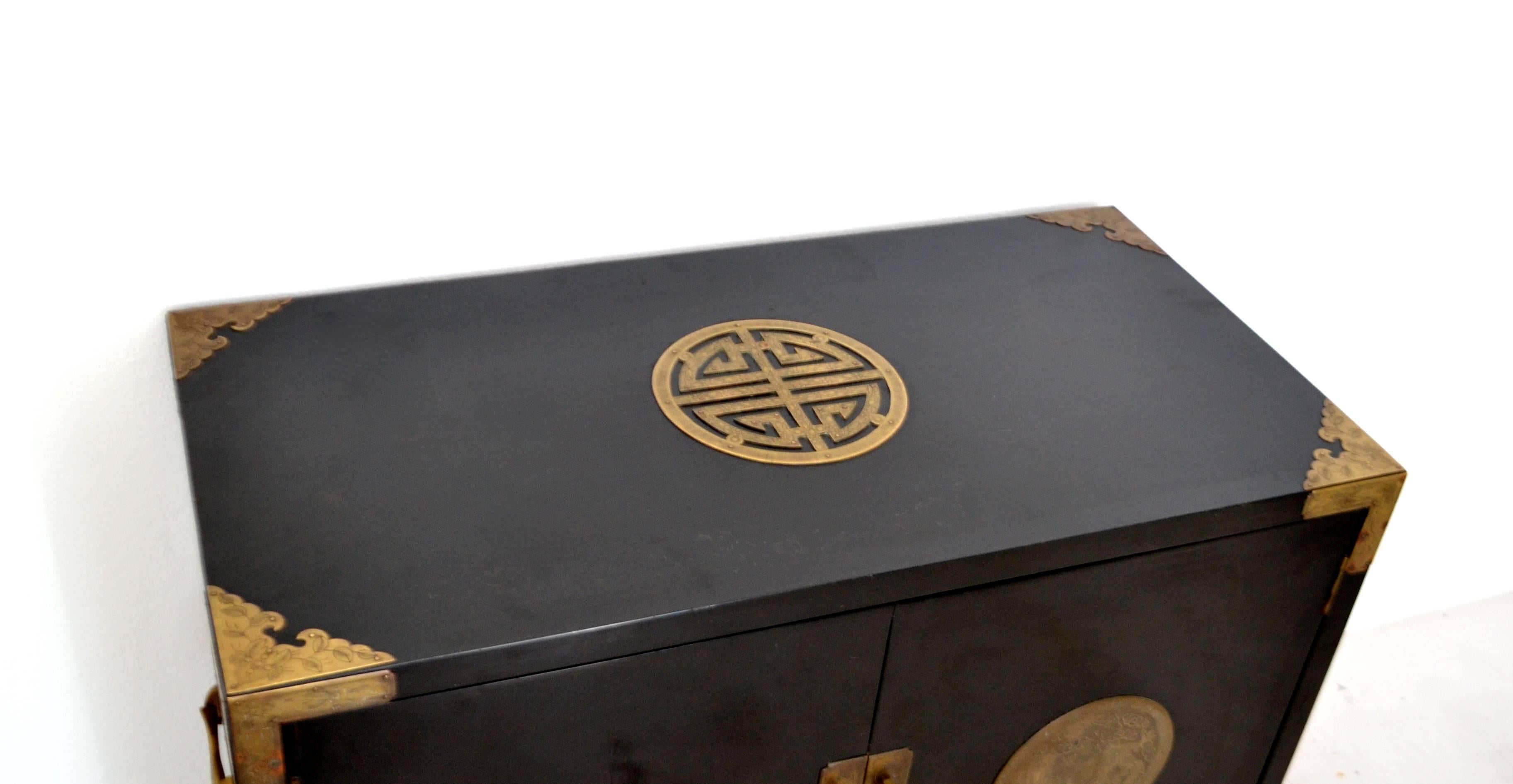 Midcentury Black Lacquered Asian Campaign Chest For Sale 1
