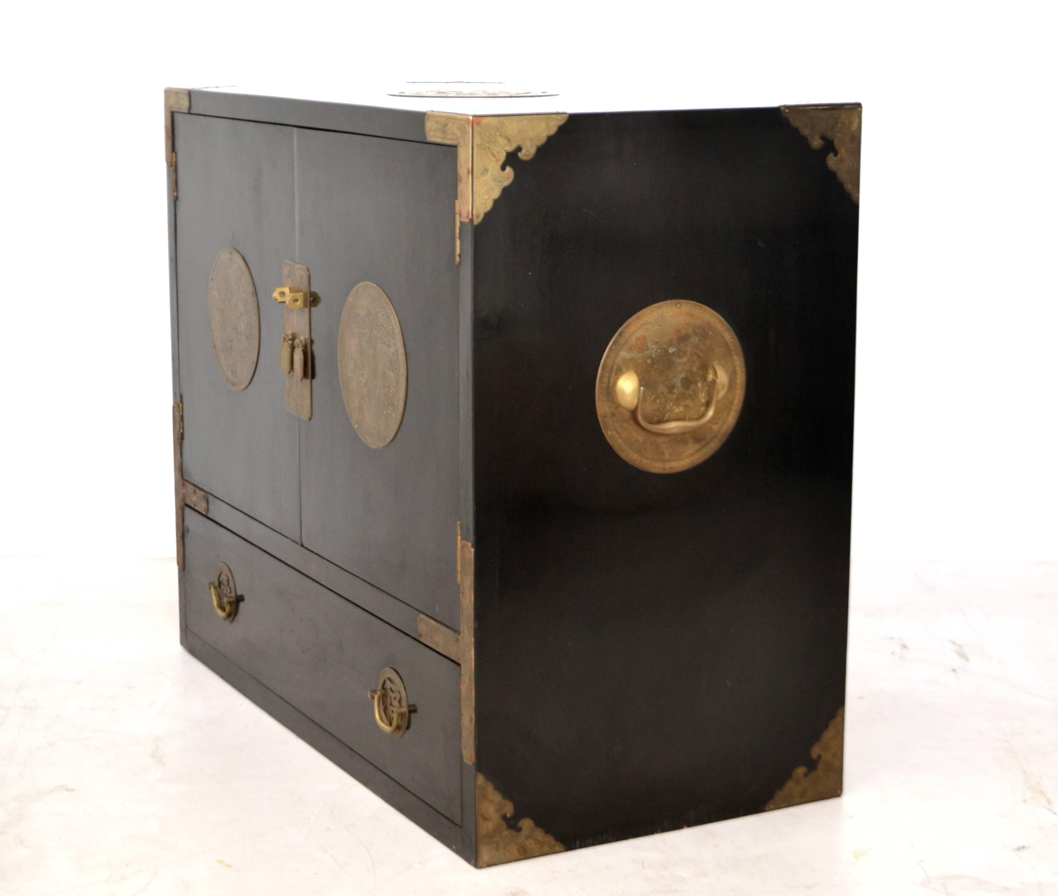 Midcentury Black Lacquered Asian Campaign Chest For Sale 4