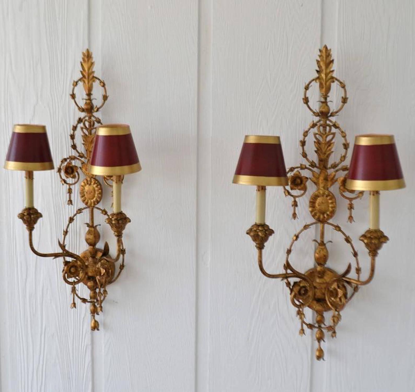 Neoclassical Revival Pair of Gilt Metal Two-Arm Sconces
