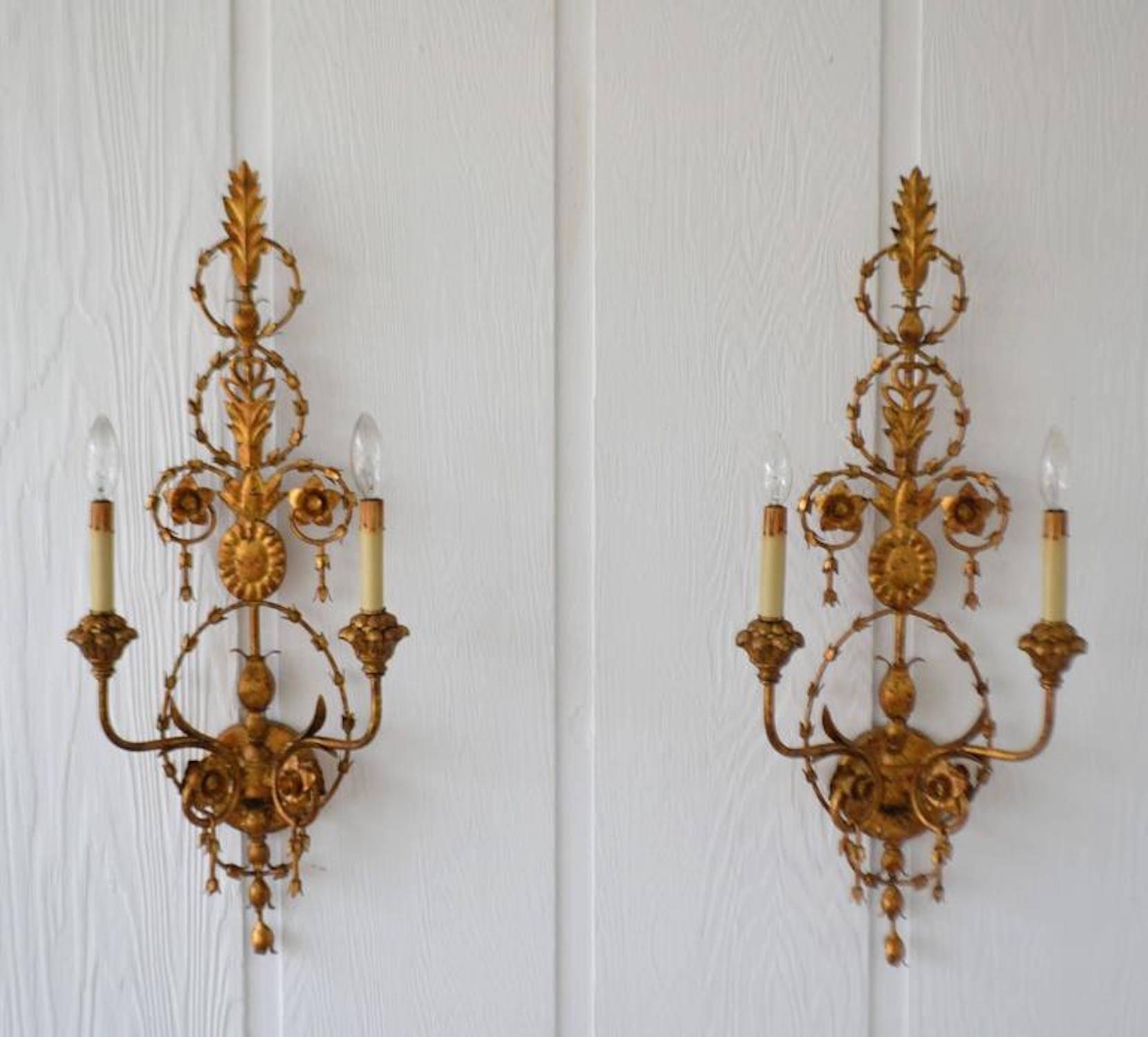 Pair of Gilt Metal Two-Arm Sconces In Excellent Condition In West Palm Beach, FL