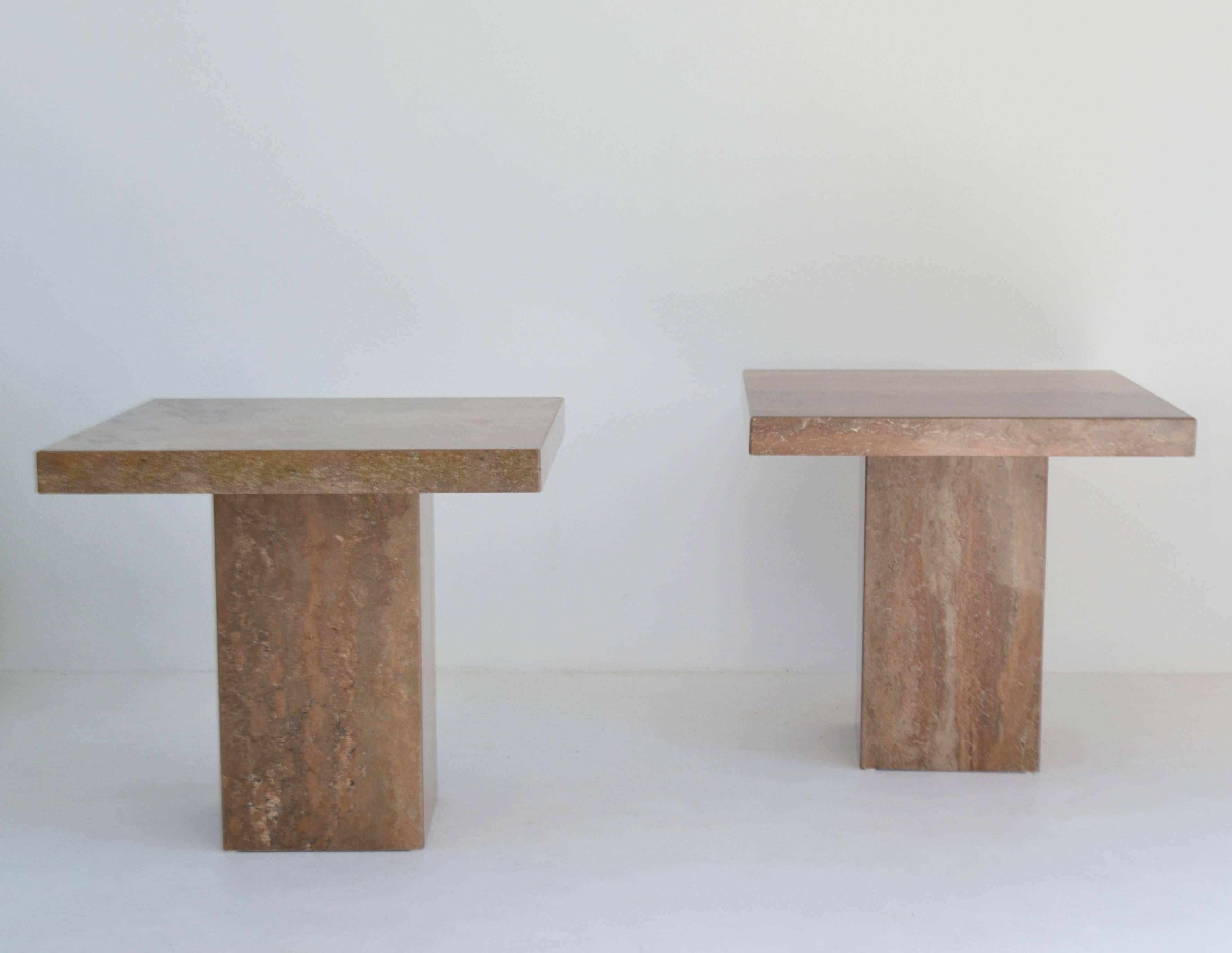 Post-Modern Pair of Italian Travertine Side Tables