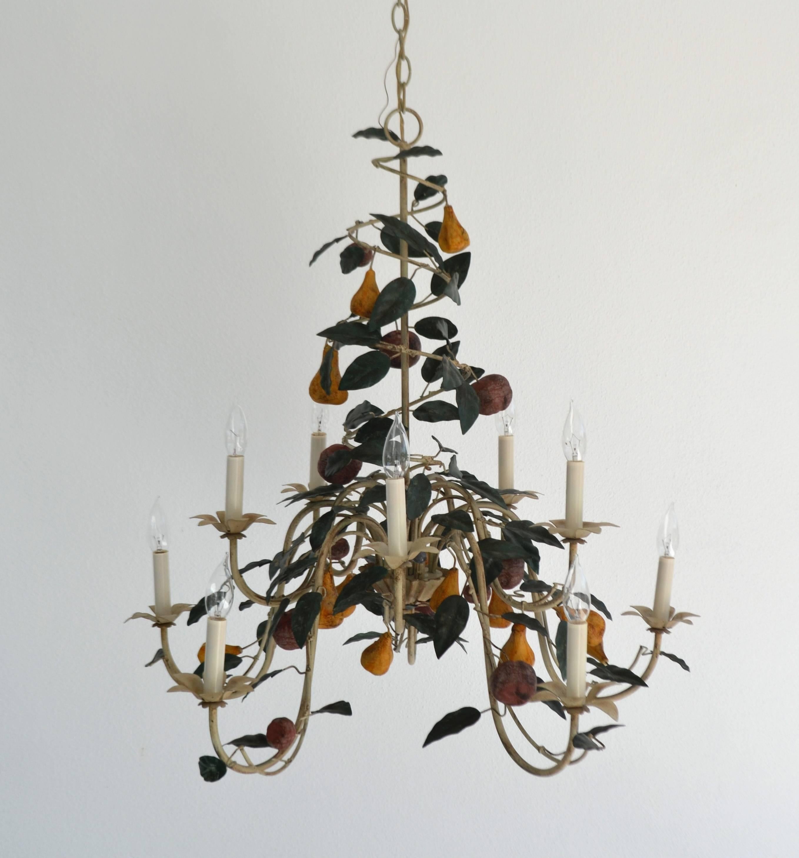 Italian Tole Ten-Arm Chandelier with Tole Shades In Excellent Condition In West Palm Beach, FL