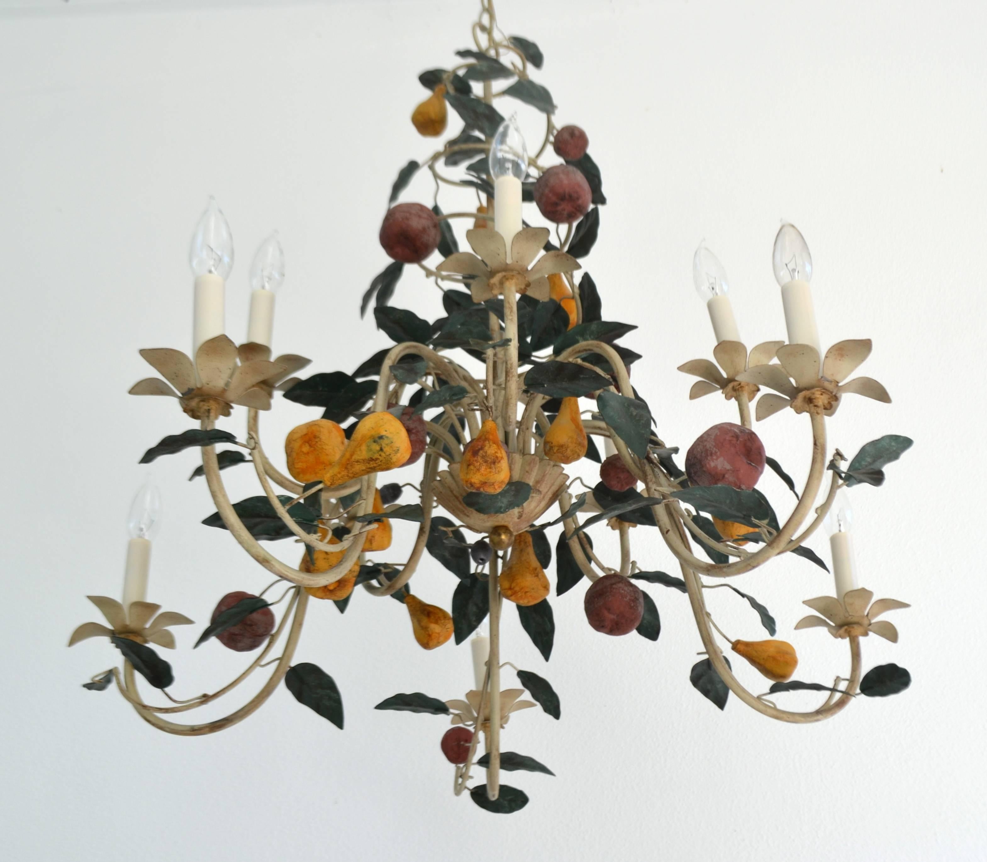 Mid-20th Century Italian Tole Ten-Arm Chandelier with Tole Shades