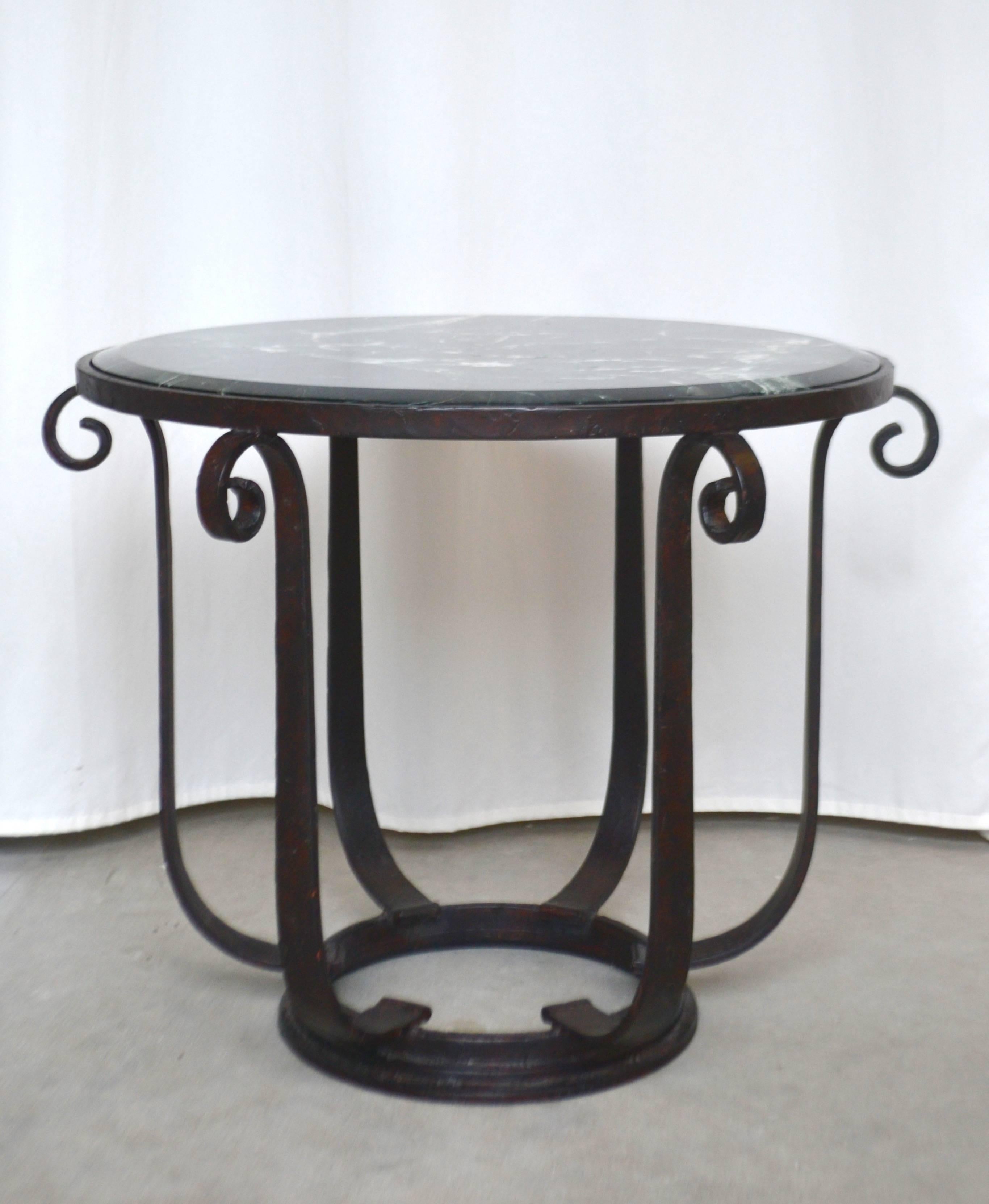 Mid-20th Century Wrought Iron Center Hall or Side Table with Verde Top For Sale