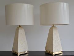Pair of Postmodern Coral Stone Obelisk Form Table Lamps